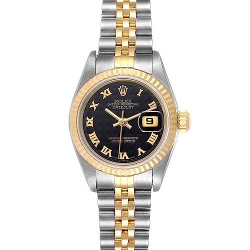 The Rolex Datejust 79173 Women's Steel and Gold (two tone) Black Dial 79173 Women's Steel and Gold (two tone) Black Dial watch is shown from a front view, displaying its face, bracelet, and crown.