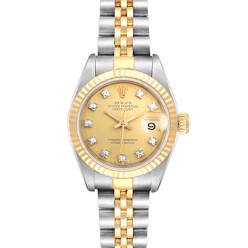This Rolex Datejust 69173 Women's Steel and Gold (two tone) Champagne Dial 69173 Women's Steel and Gold (two tone) Champagne Dial watch is shown from a front angle, highlighting its gold and steel bracelet and champagne dial with diamond markers.