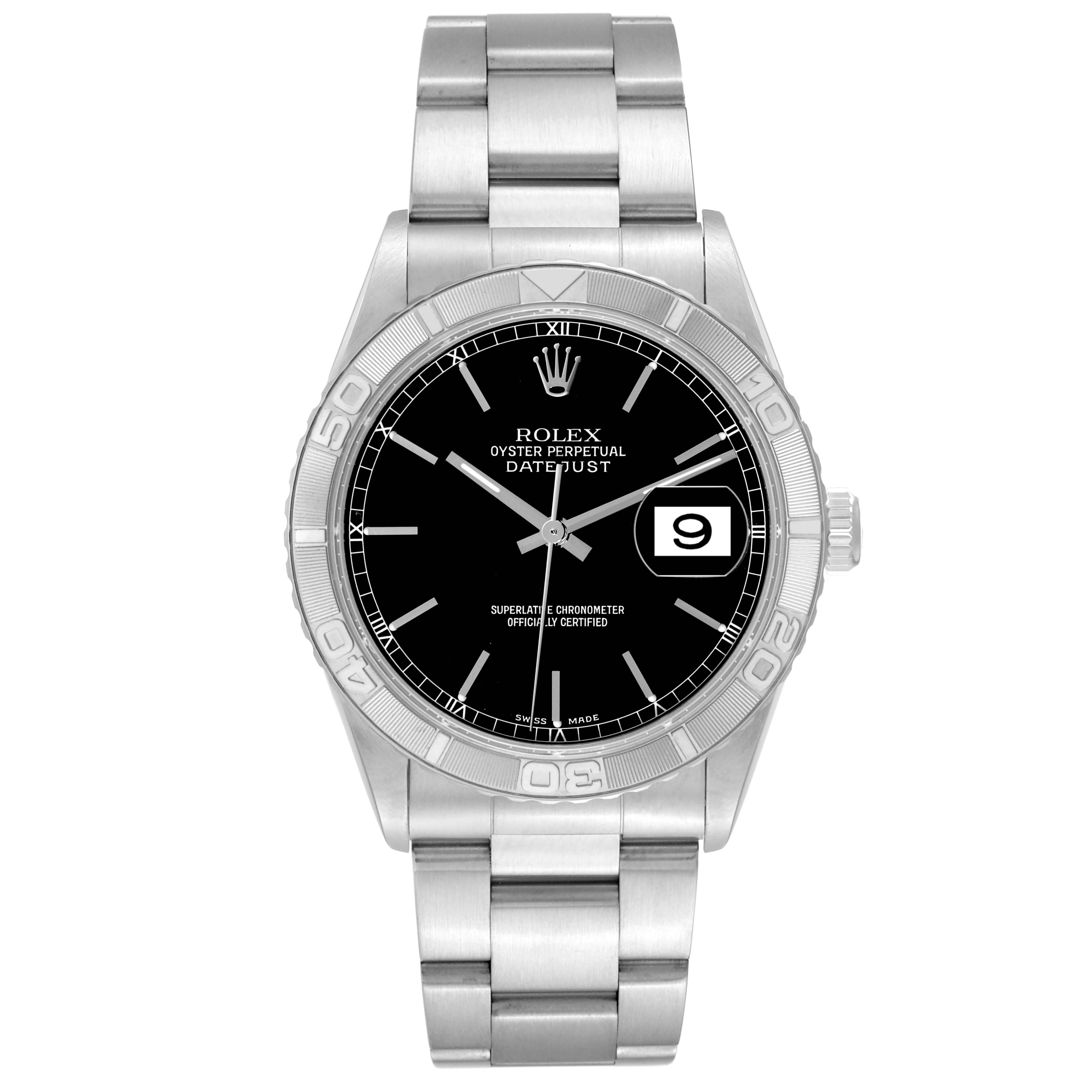 This is a front view of a Rolex Turn-o-Graph 16264 Men's Stainless Steel Black Dial 16264 Men's Stainless Steel Black Dial watch with a black dial, stainless steel bracelet, and visible date window at 3 o'clock.