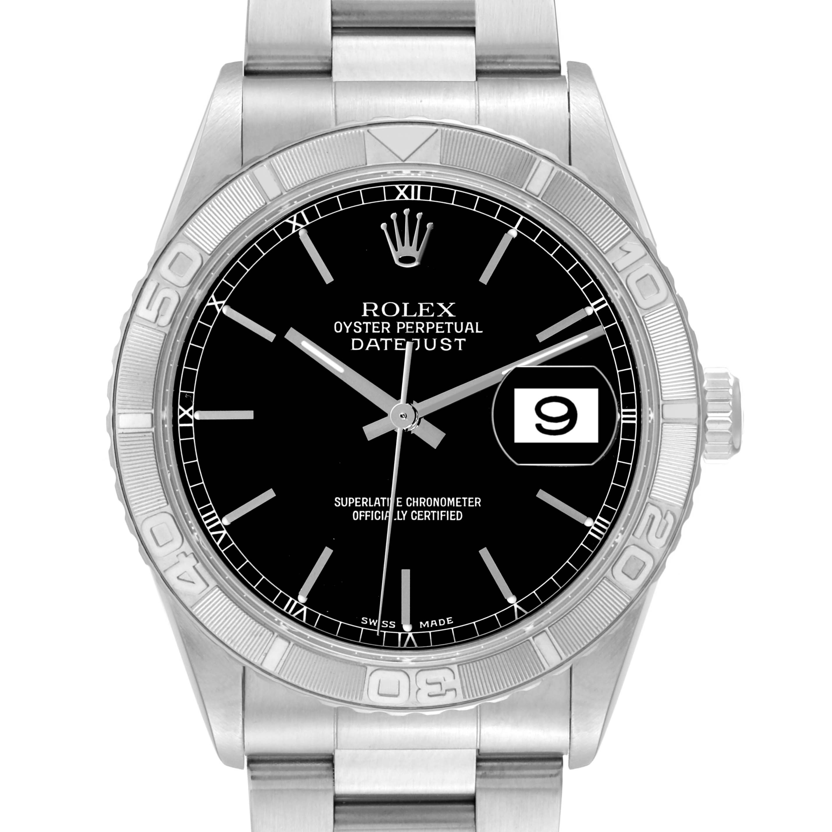This image shows a front view of a Rolex Turn-o-Graph 16264 Men's Stainless Steel Black Dial 16264 Men's Stainless Steel Black Dial model, highlighting the bezel, black dial, markers, and date window.