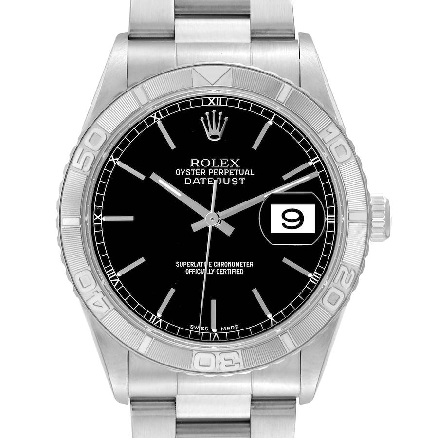 This image shows a front view of a Rolex Turn-o-Graph 16264 Men's Stainless Steel Black Dial 16264 Men's Stainless Steel Black Dial model, highlighting the bezel, black dial, markers, and date window.
