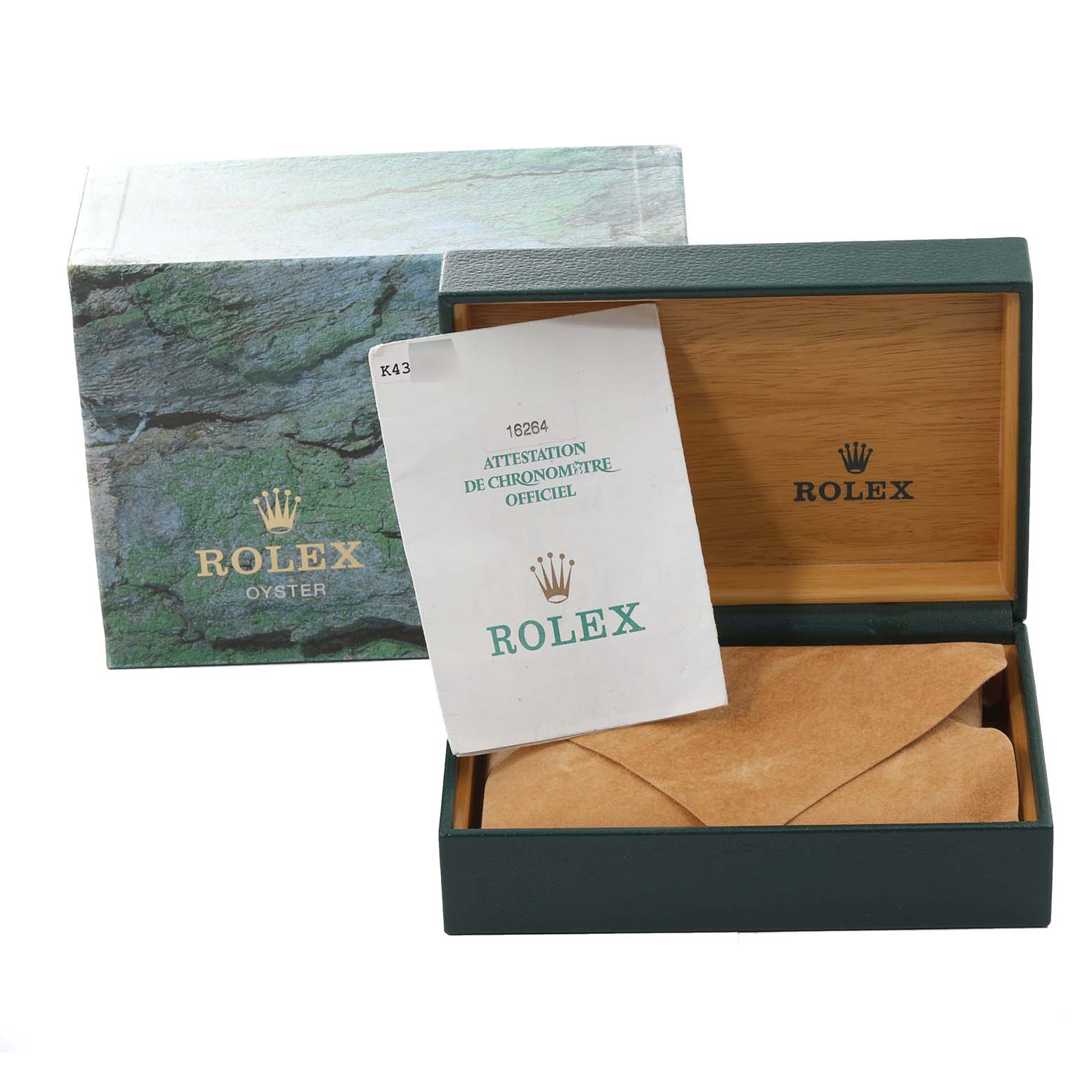 This image shows the packaging and documentation for the Rolex Turn-o-Graph 16264 Men's Stainless Steel Black Dial 16264 Men's Stainless Steel Black Dial watch, including the box and warranty certificate.