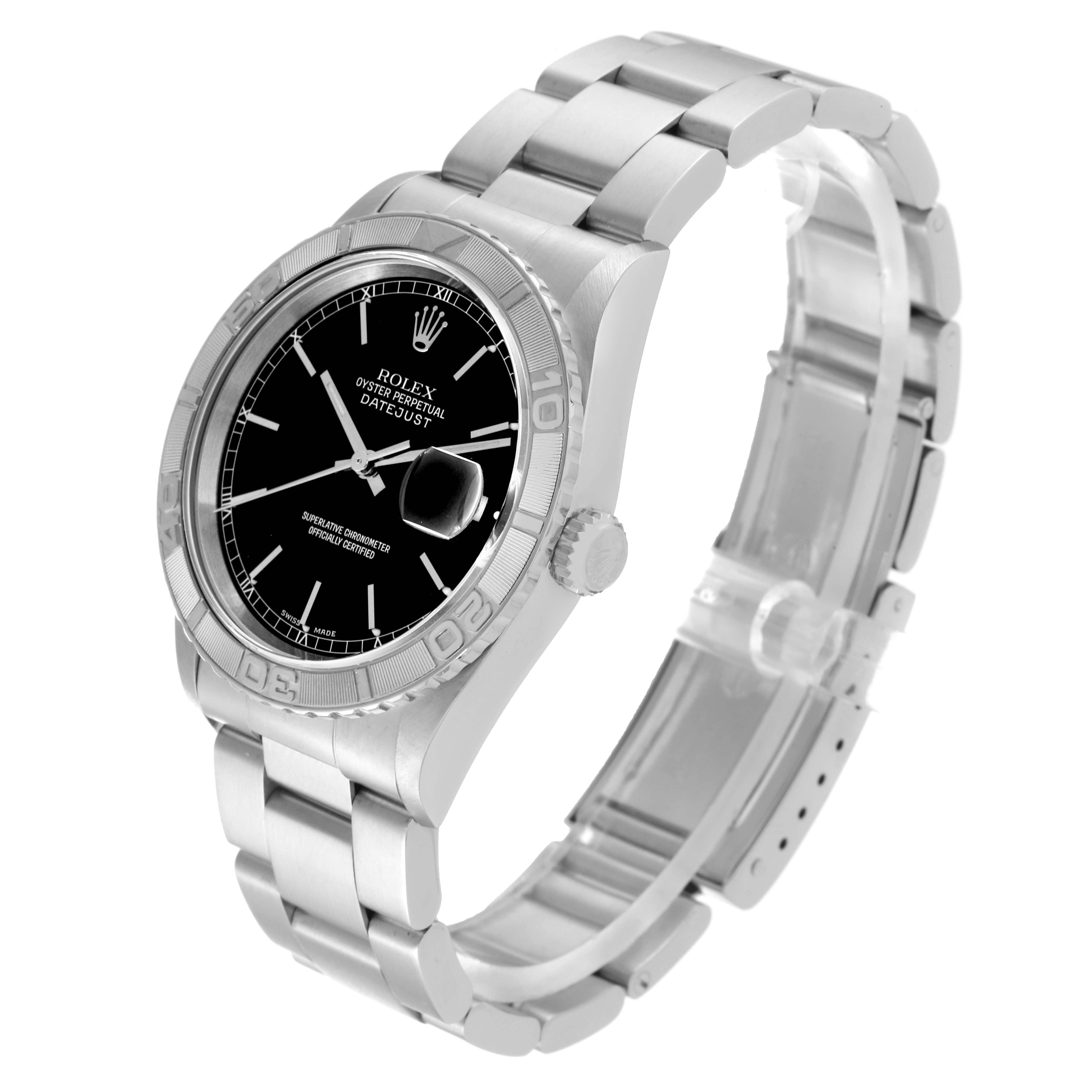 This image shows a Rolex Turn-o-Graph 16264 Men's Stainless Steel Black Dial 16264 Men's Stainless Steel Black Dial watch at a 3/4 angle, displaying the dial, bezel, crown, and stainless steel bracelet.