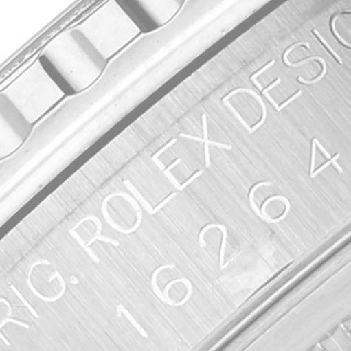 The image shows a close-up of the engraved text on the case back of a Rolex Turn-o-Graph 16264 Men's Stainless Steel Black Dial 16264 Men's Stainless Steel Black Dial watch.