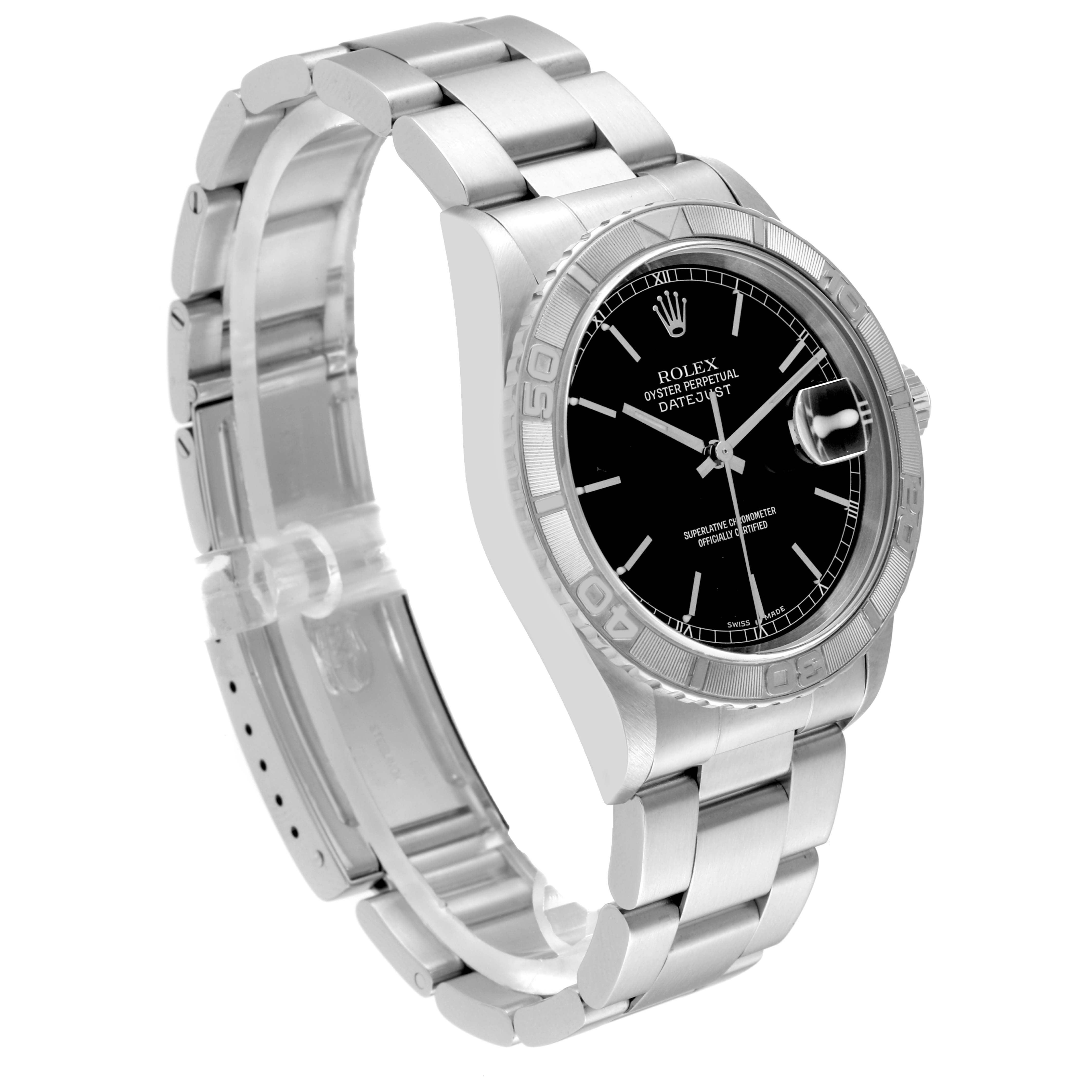 The image shows the Rolex Turn-o-Graph 16264 Men's Stainless Steel Black Dial 16264 Men's Stainless Steel Black Dial watch from a front-left angle, highlighting the face, bezel, and bracelet.