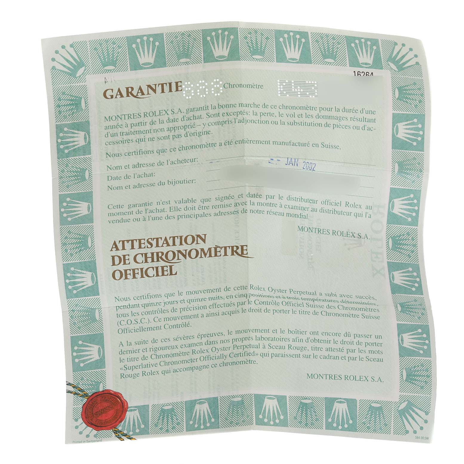 The image shows the warranty and official chronometer certification for the Rolex Turn-o-Graph 16264 Men's Stainless Steel Black Dial 16264 Men's Stainless Steel Black Dial model, with text in French and a red seal.