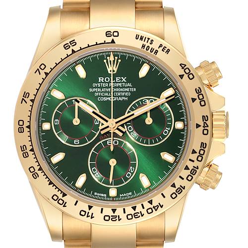 This image shows a frontal view of a Rolex Daytona 116508 Men's Yellow Gold Green Dial 116508 Men's Yellow Gold Green Dial watch, showcasing the dial, bezel, case, and part of the bracelet.