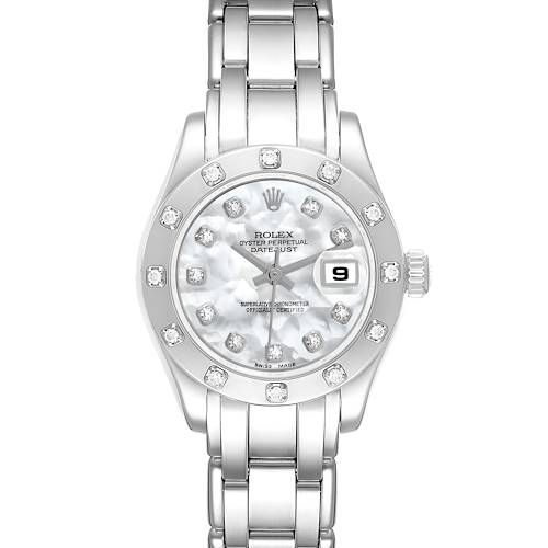 The Rolex Pearlmaster 80319 Women's White Gold Mother of Pearl Dial watch is shown from a front angle, highlighting the dial, bezel, and bracelet.