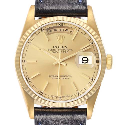 The image shows a Rolex President 18238 Men's Yellow Gold Champagne Dial Day-Date watch from a front angle, highlighting the gold dial, day and date windows, and crown.