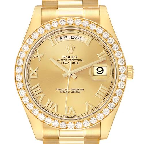 The image shows a front view of the Rolex President 218348 Men's Yellow Gold Champagne Dial watch, highlighting the diamond bezel, dial, day, and date features.