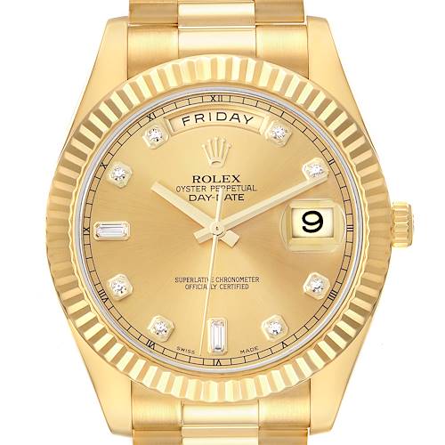 The image shows a Rolex Day-Date watch with a focus on the dial, bezel, and part of the bracelet.