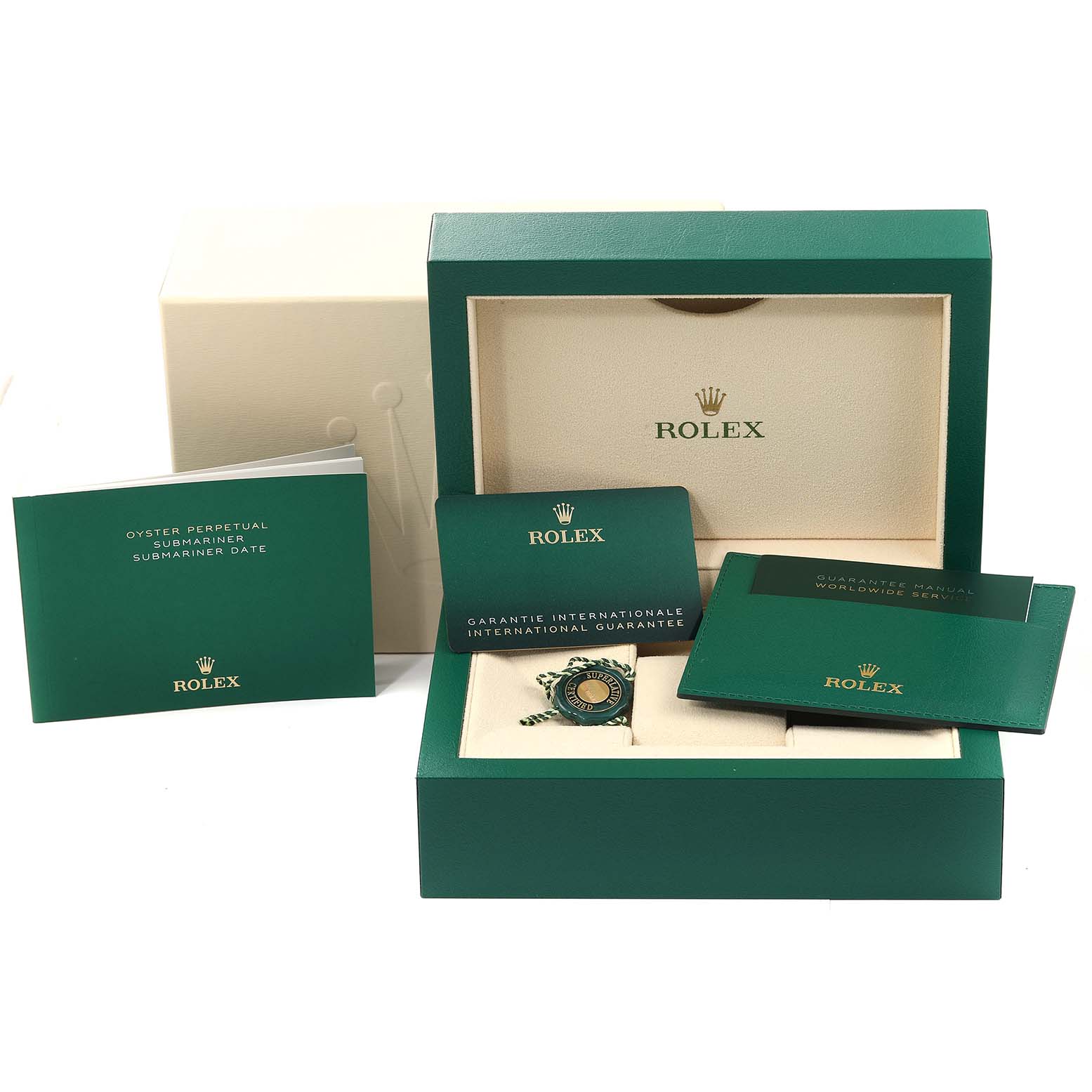 The image shows the packaging, guarantee, manual, and accessories of a Rolex Submariner 126613 Men's Steel and Gold (two tone) Black Dial 126613 Men's Steel and Gold (two tone) Black Dial watch from a front angle.