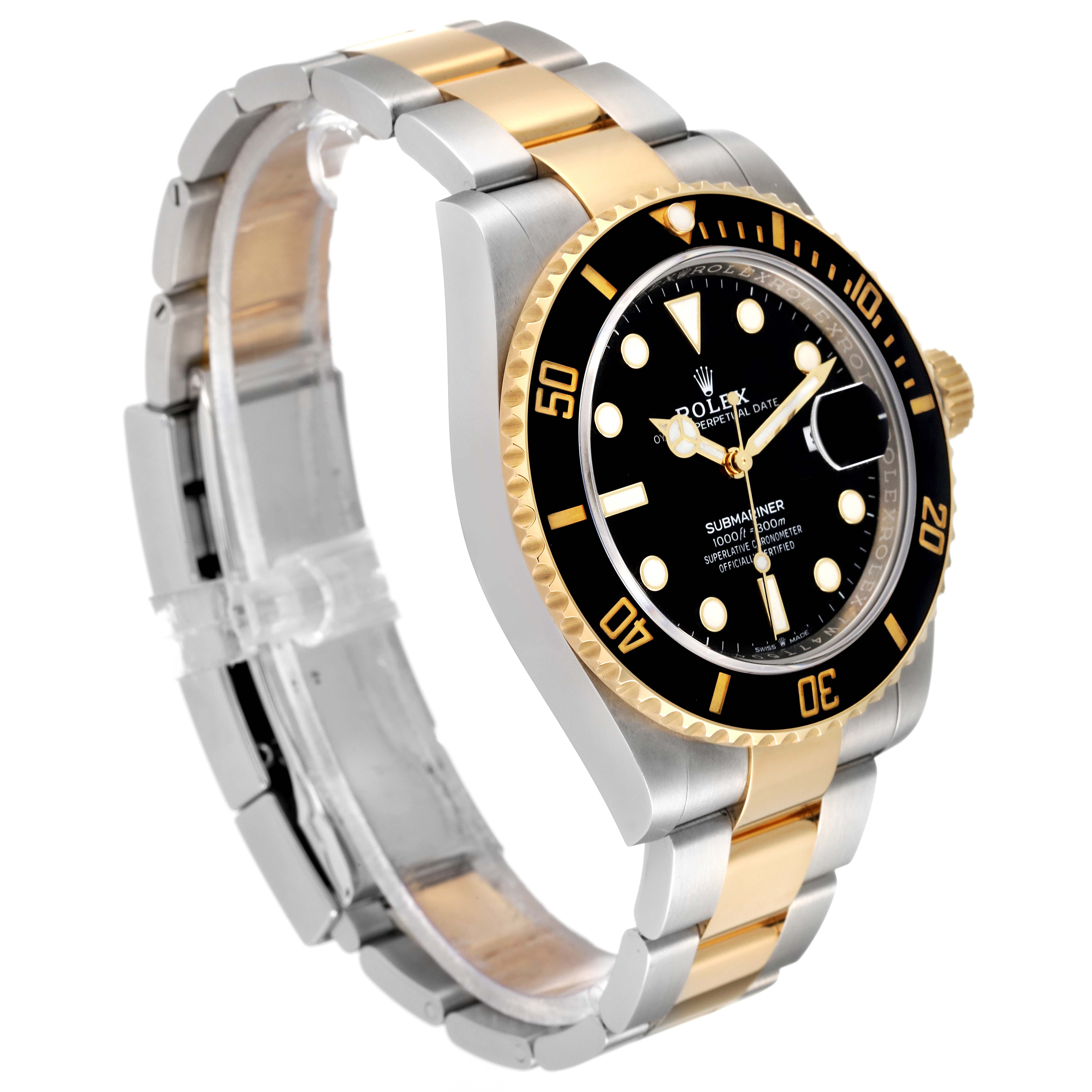This image shows a side angle view of a Rolex Submariner 126613 Men's Steel and Gold (two tone) Black Dial 126613 Men's Steel and Gold (two tone) Black Dial, highlighting its two-tone bracelet and black bezel with a gold accent.