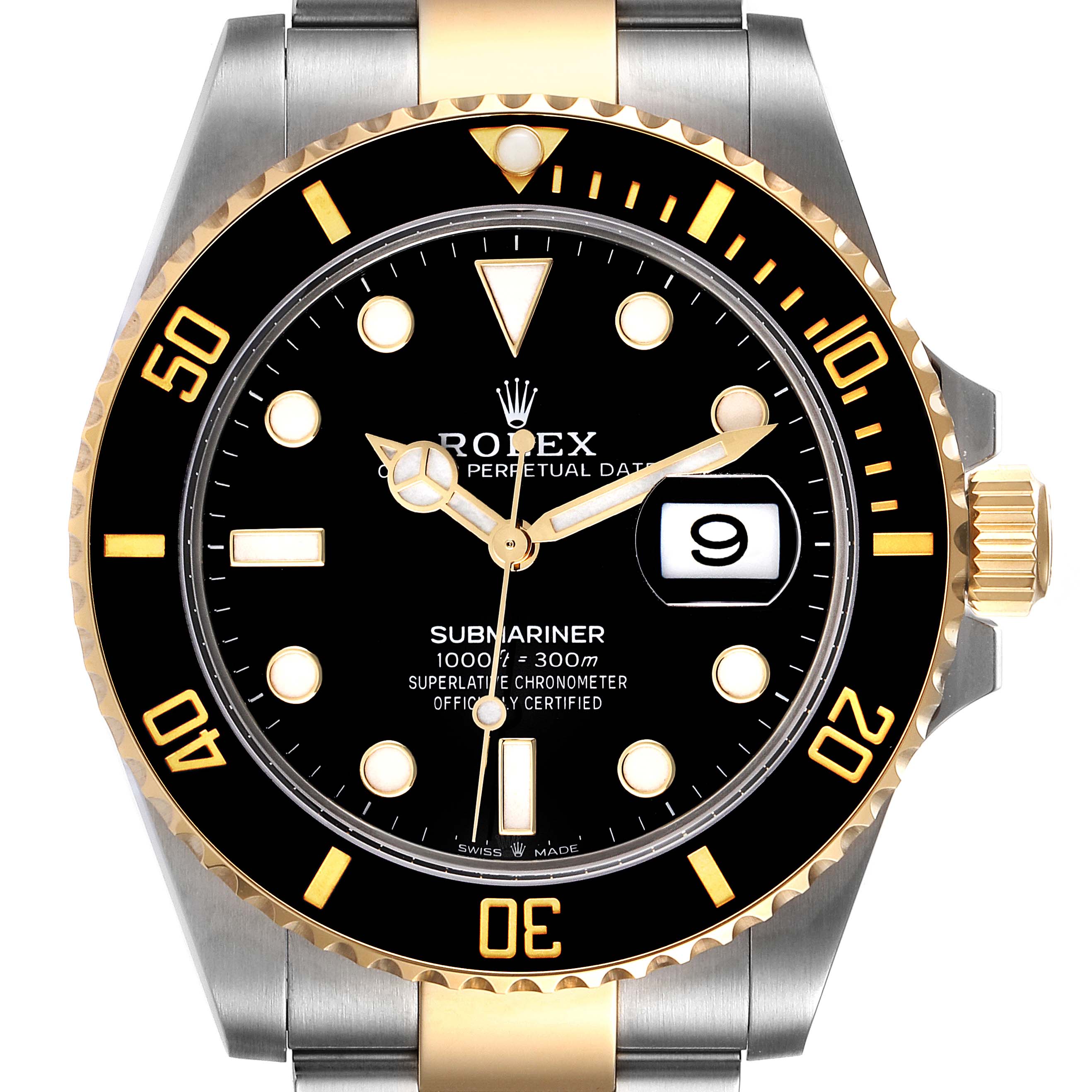 The image shows the front view of a Rolex Submariner 126613 Men's Steel and Gold (two tone) Black Dial 126613 Men's Steel and Gold (two tone) Black Dial watch, focusing on the dial, bezel, and part of the band.