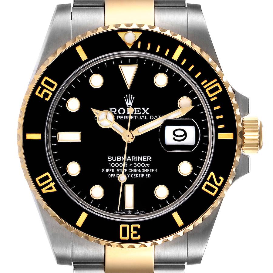 The image shows the front view of a Rolex Submariner 126613 Men's Steel and Gold (two tone) Black Dial 126613 Men's Steel and Gold (two tone) Black Dial watch, focusing on the dial, bezel, and part of the band.