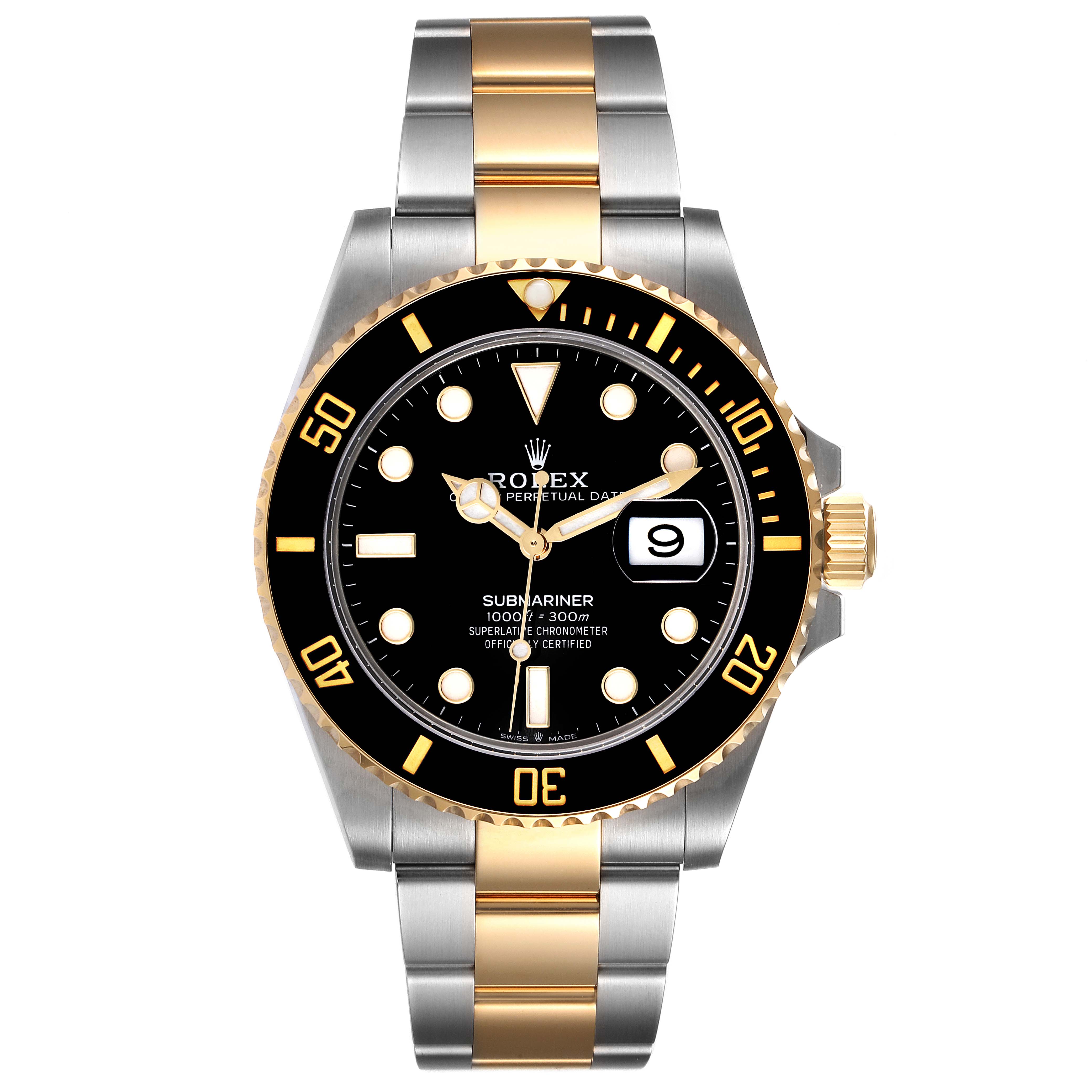 The image shows a front view of a Rolex Submariner 126613 Men's Steel and Gold (two tone) Black Dial 126613 Men's Steel and Gold (two tone) Black Dial watch, highlighting the bezel, dial, hands, date, and two-tone bracelet.