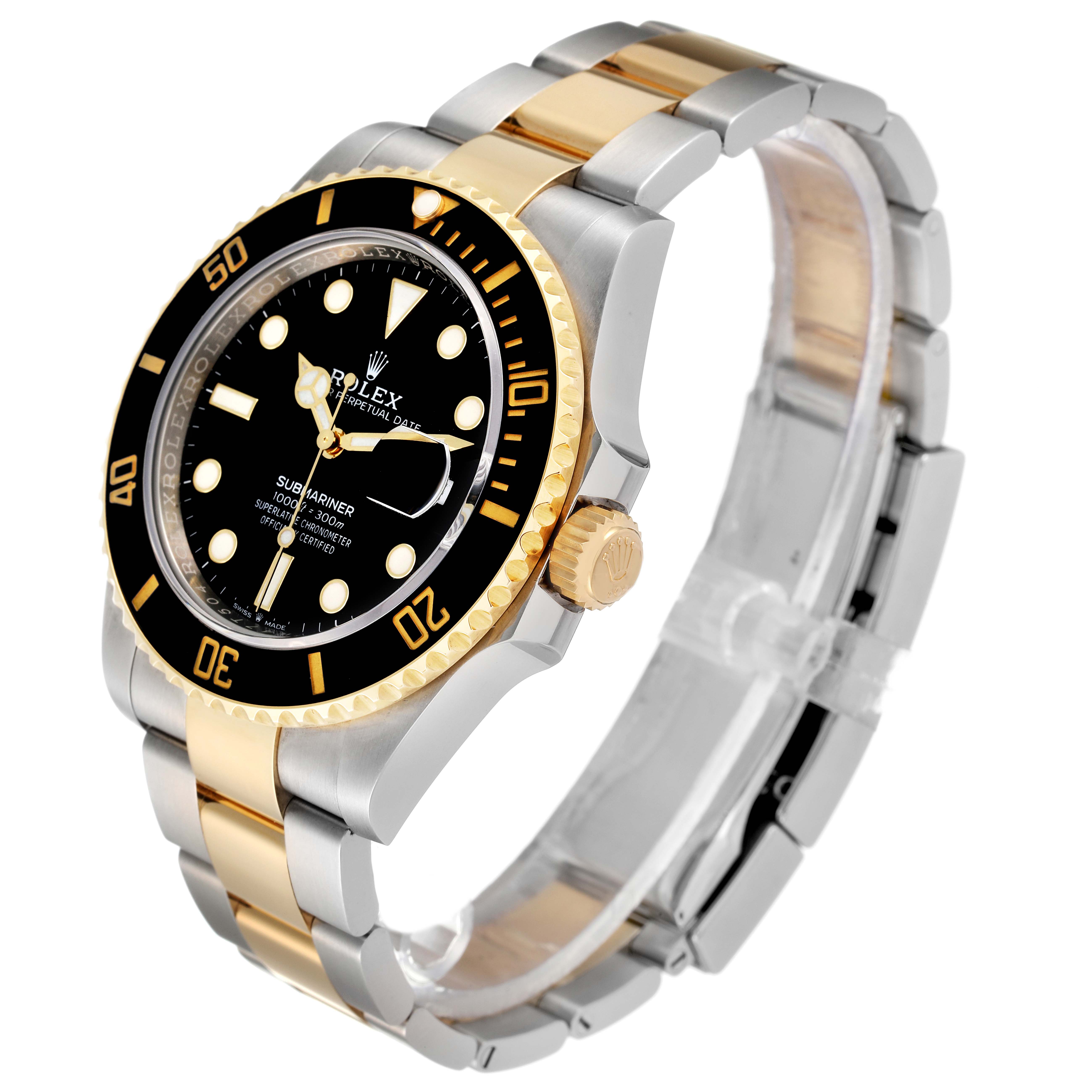 The Rolex Submariner 126613 Men's Steel and Gold (two tone) Black Dial 126613 Men's Steel and Gold (two tone) Black Dial watch is shown at a slight angle, displaying the face, bezel, crown, and part of the two-tone bracelet.