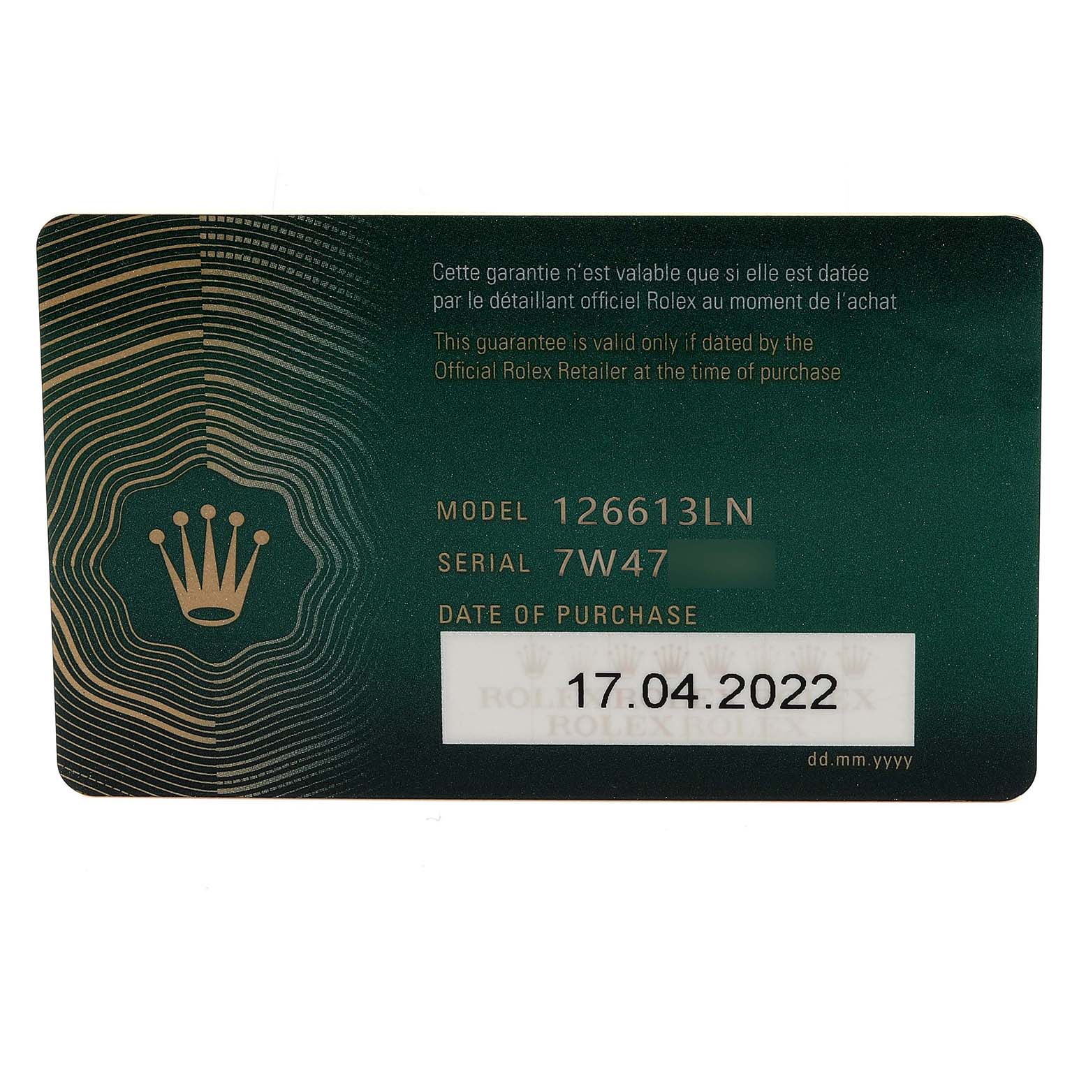This image shows a warranty card for a Rolex Submariner 126613 Men's Steel and Gold (two tone) Black Dial 126613 Men's Steel and Gold (two tone) Black Dial model 126613LN, including the serial number and date of purchase.