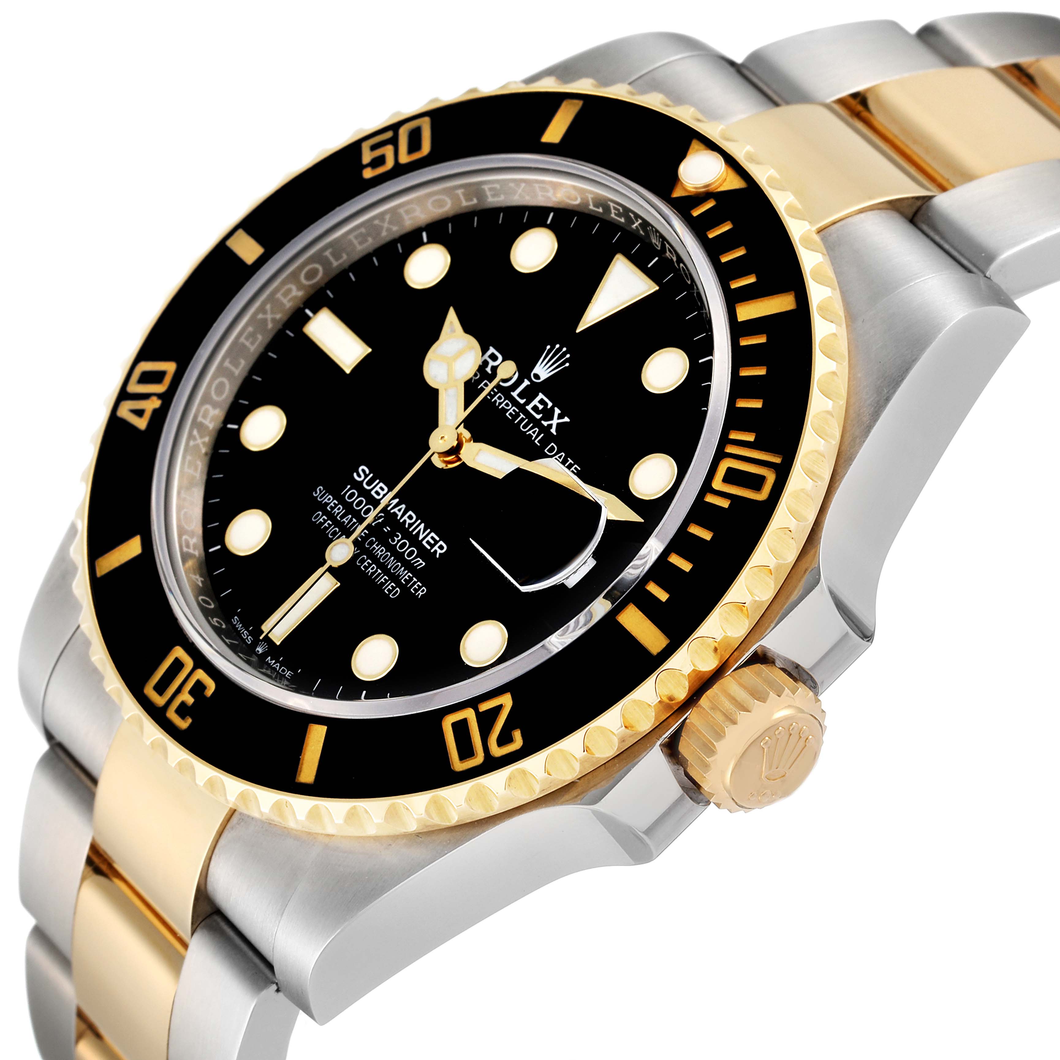 The image shows a close-up angle of a Rolex Submariner 126613 Men's Steel and Gold (two tone) Black Dial 126613 Men's Steel and Gold (two tone) Black Dial watch, highlighting its black dial, gold bezel, and two-tone bracelet.