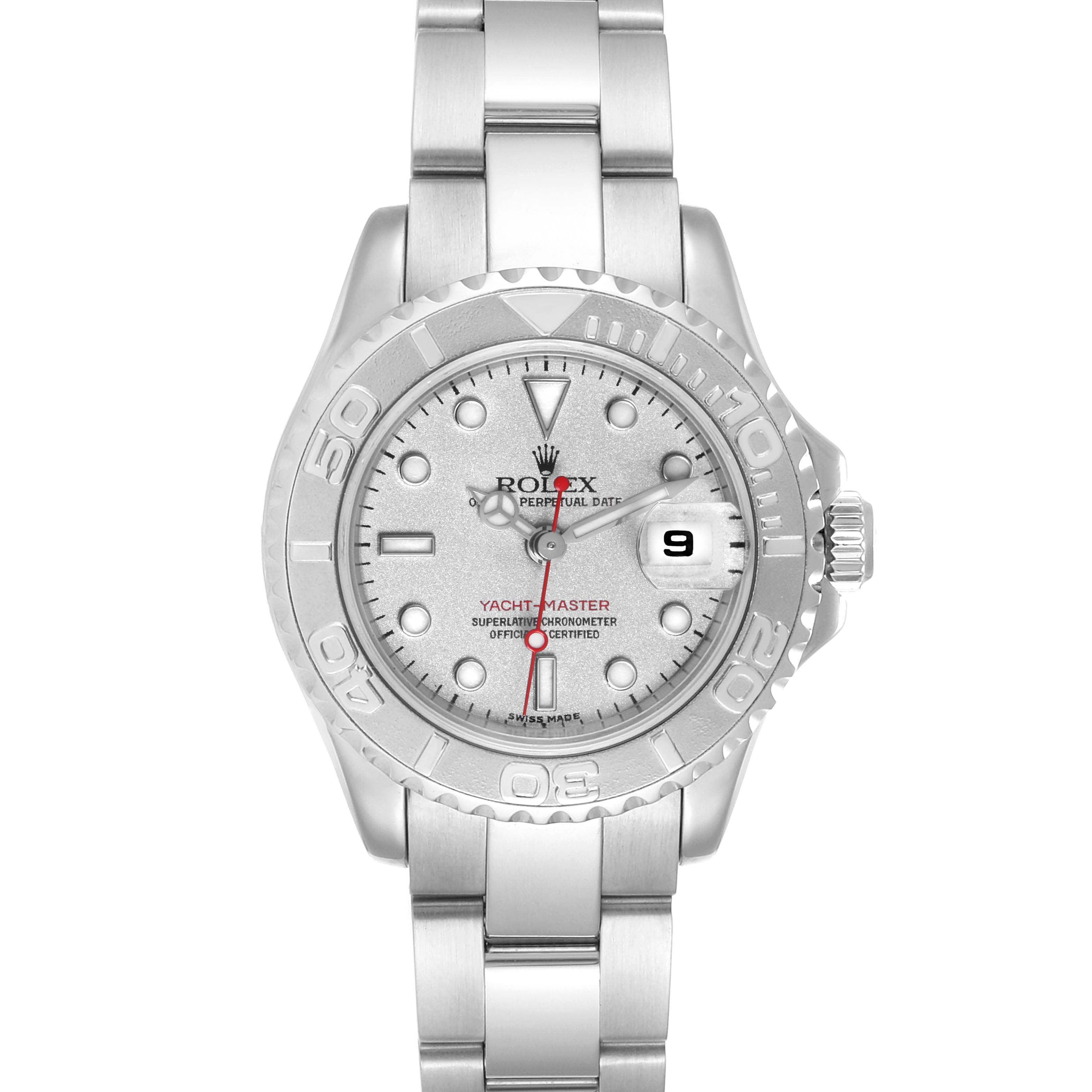 The image shows a front view of a Rolex Yacht-Master 169622 Women's Stainless Steel Silver Dial 169622 Women's Stainless Steel Silver Dial watch, displaying its face, bezel, and bracelet.