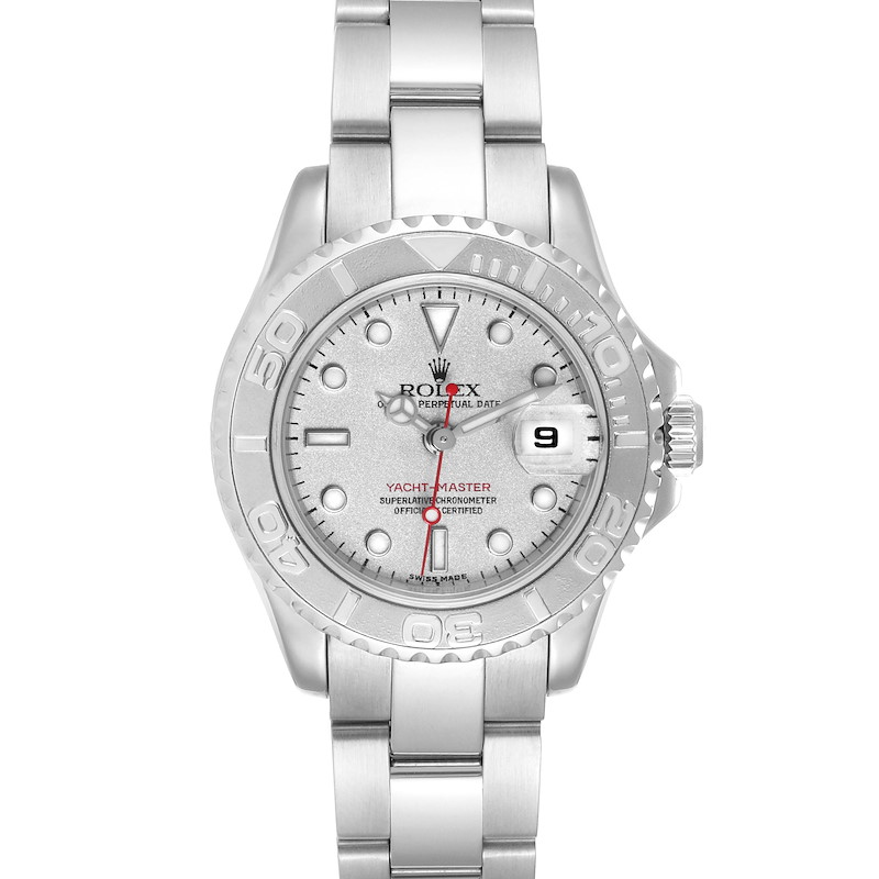 The image shows a front view of a Rolex Yacht-Master 169622 Women's Stainless Steel Silver Dial 169622 Women's Stainless Steel Silver Dial watch, displaying its face, bezel, and bracelet.