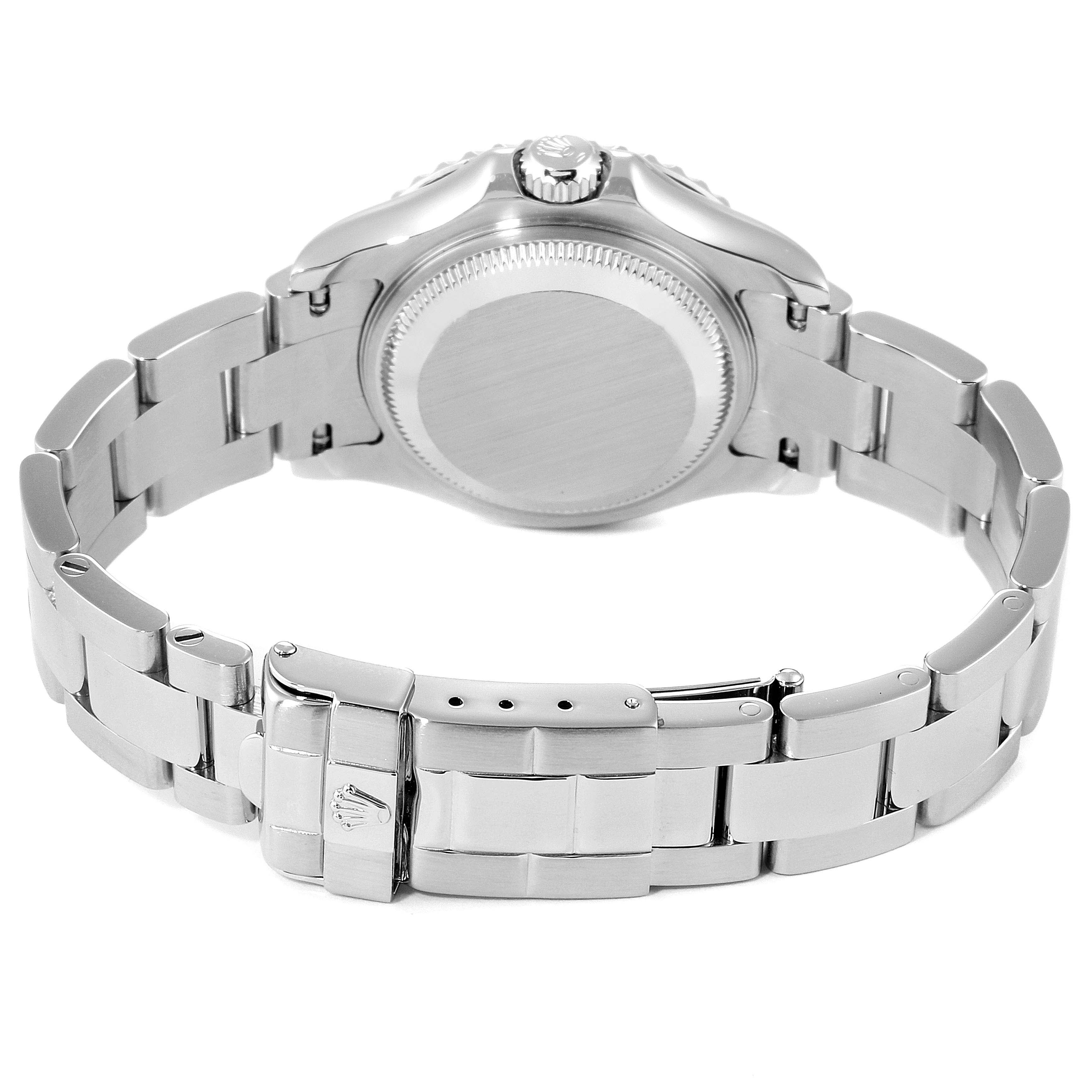The image shows the back case, crown, and stainless steel bracelet of a Rolex Yacht-Master 169622 Women's Stainless Steel Silver Dial 169622 Women's Stainless Steel Silver Dial watch.