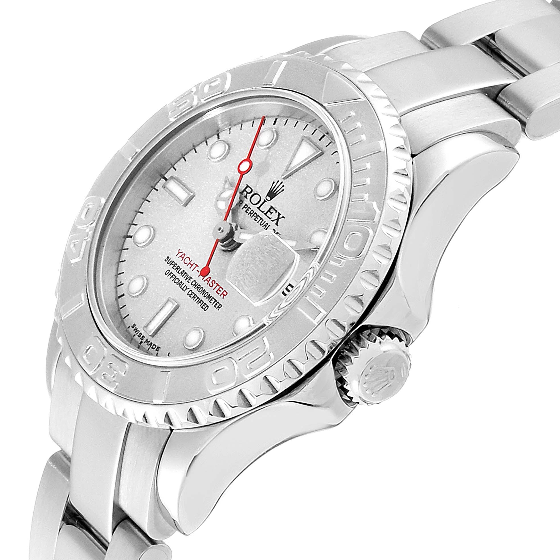 The image shows a side angle of the Rolex Yacht-Master 169622 Women's Stainless Steel Silver Dial 169622 Women's Stainless Steel Silver Dial watch, highlighting its face, bezel, crown, and bracelet.