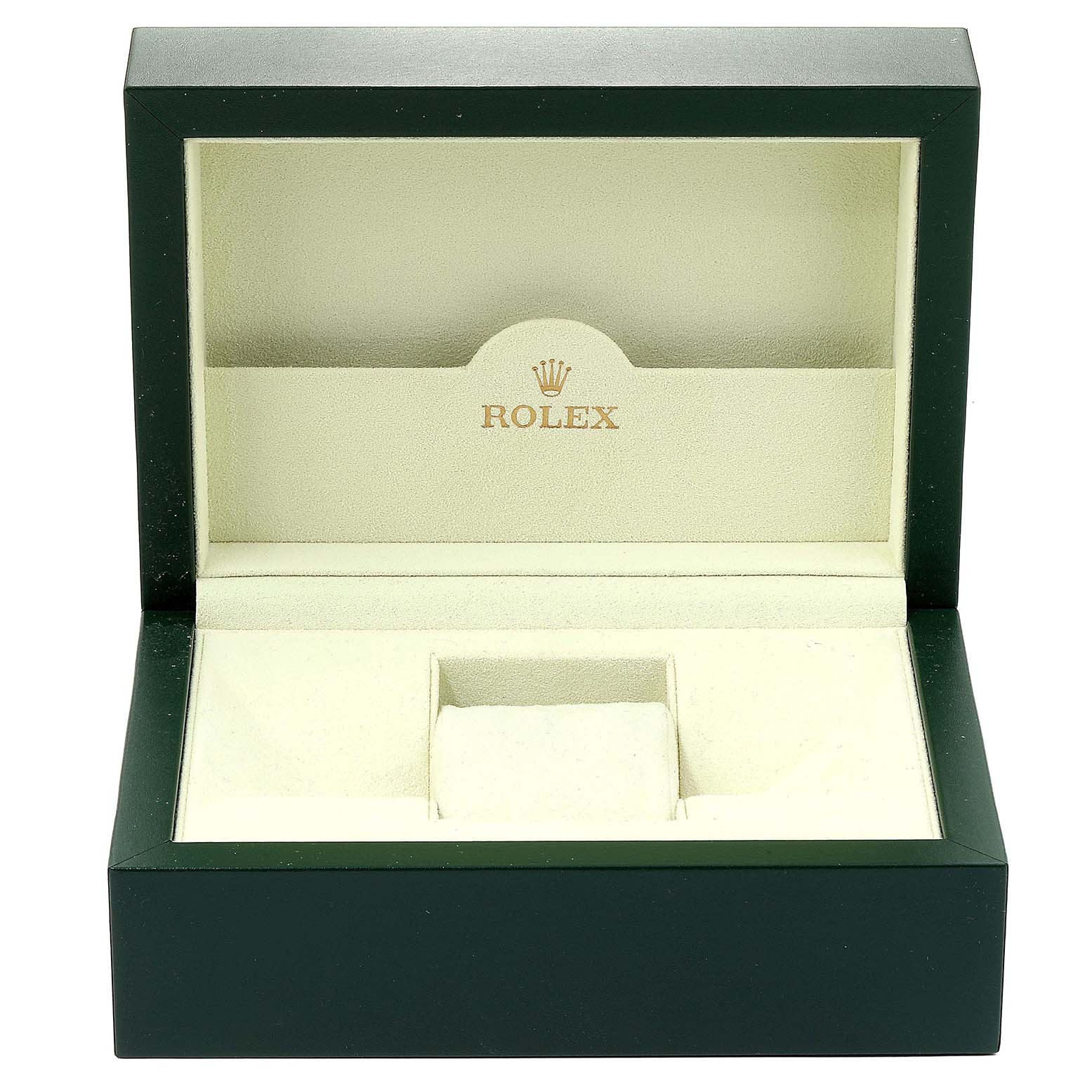 The image shows an open Rolex Yacht-Master 169622 Women's Stainless Steel Silver Dial 169622 Women's Stainless Steel Silver Dial watch box from a front angle, displaying its interior and logo.