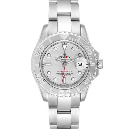 This image shows a front view of the Rolex Yacht-Master 169622 Women's Stainless Steel Silver Dial 169622 Women's Stainless Steel Silver Dial watch, including the dial, bezel, and bracelet.