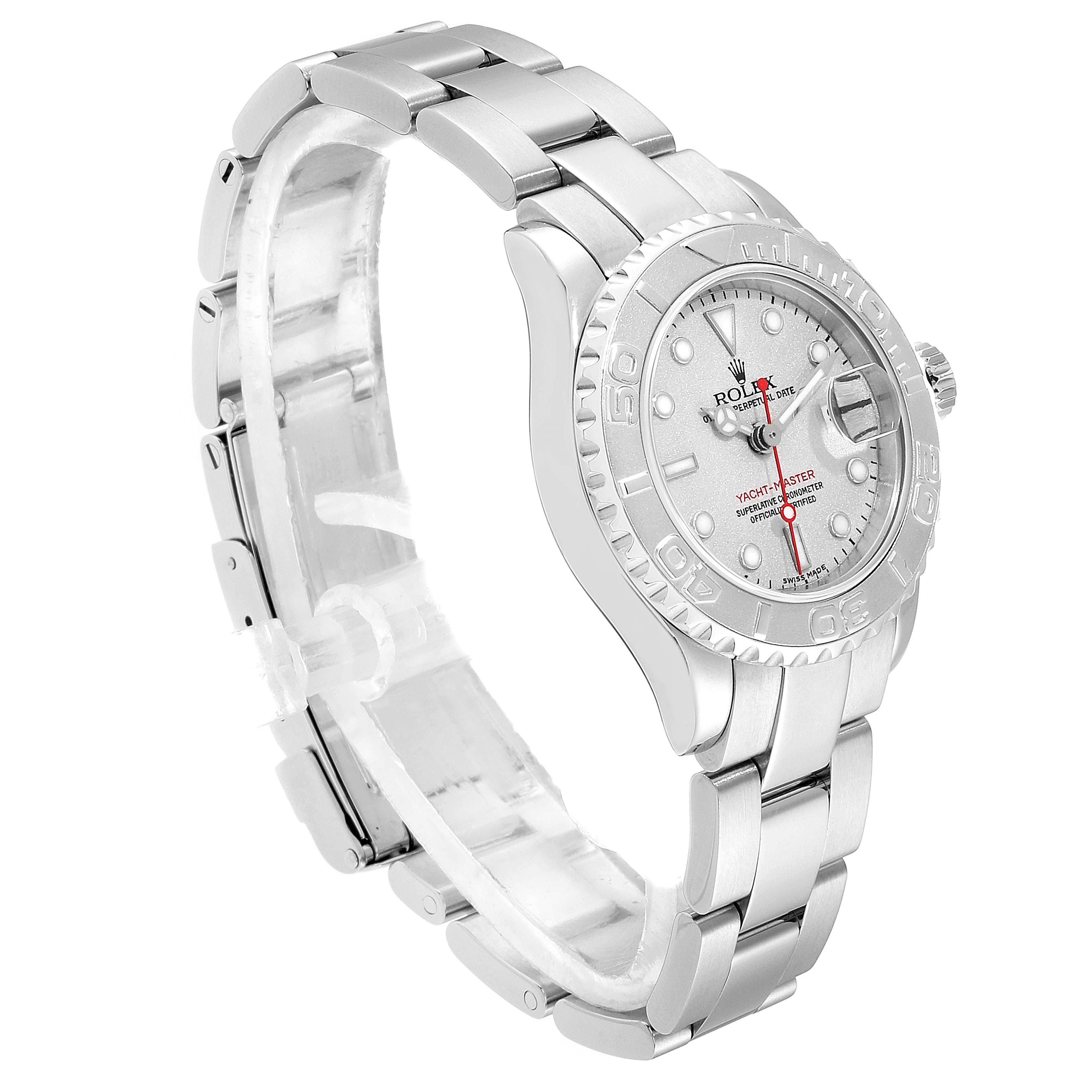 The image shows a Rolex Yacht-Master 169622 Women's Stainless Steel Silver Dial 169622 Women's Stainless Steel Silver Dial watch from an angled side view, showcasing the dial, bezel, and bracelet.