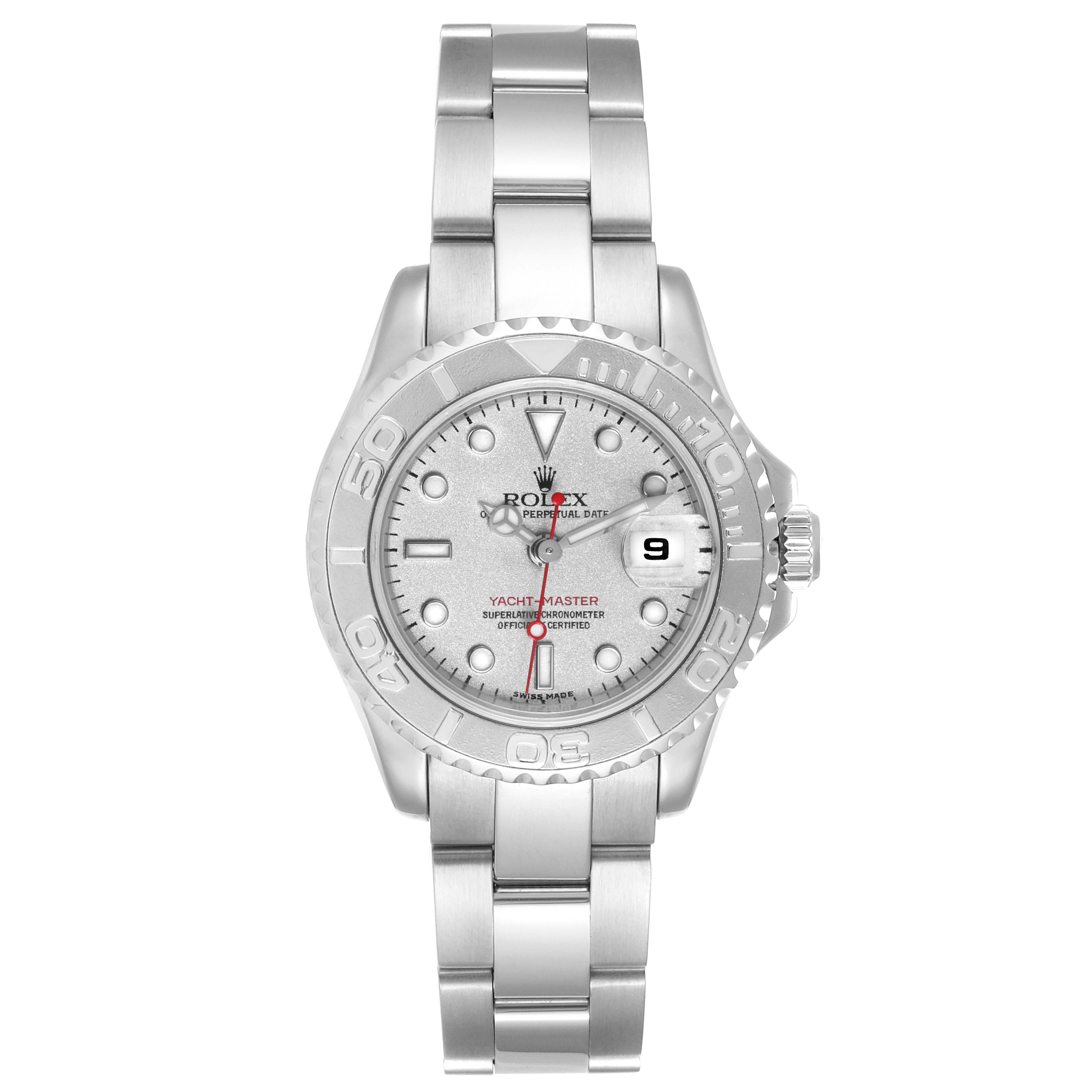 The image shows a Rolex Yacht-Master 169622 Women's Stainless Steel Silver Dial 169622 Women's Stainless Steel Silver Dial watch from the front, highlighting the dial, bezel, band, and crown.