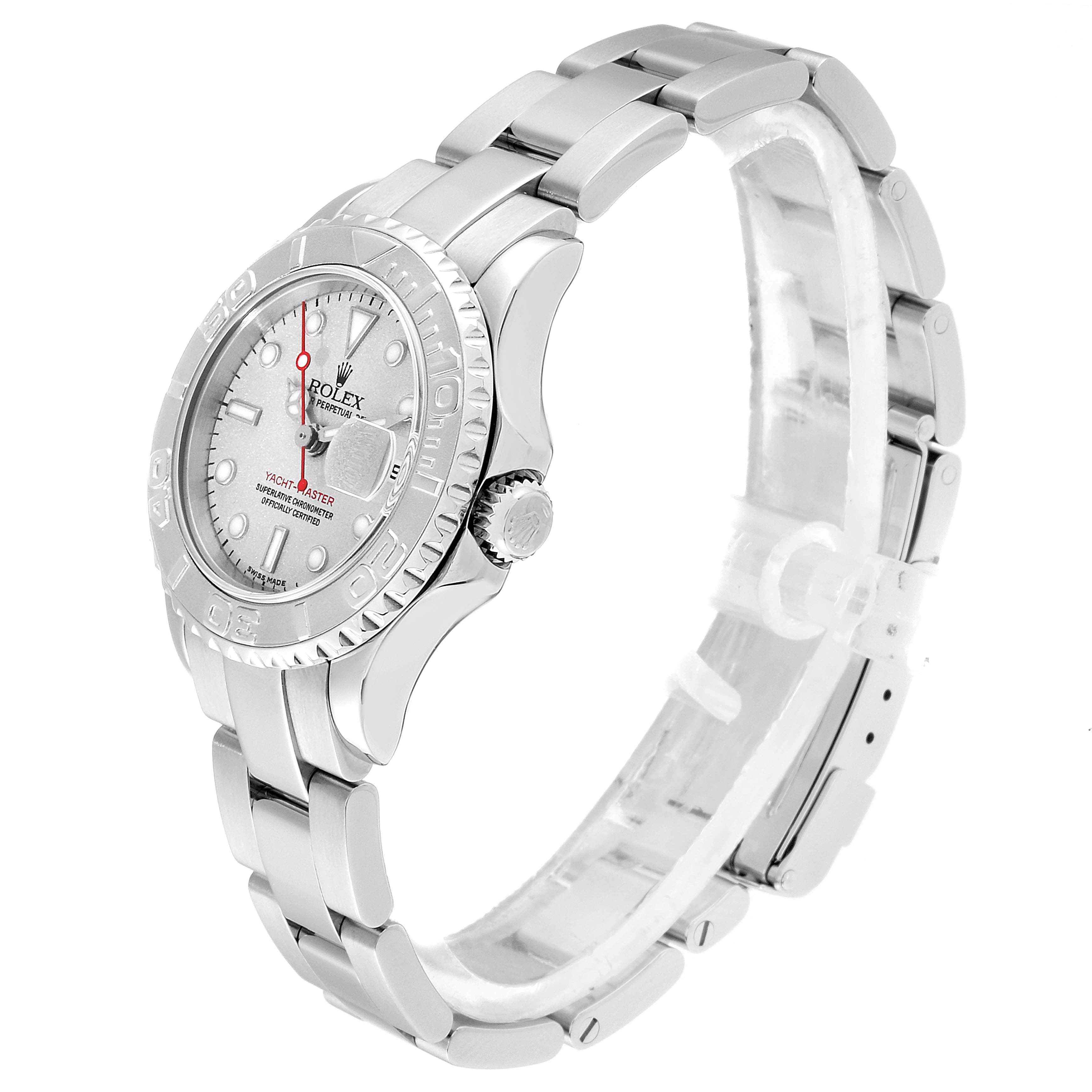 The Rolex Yacht-Master 169622 Women's Stainless Steel Silver Dial 169622 Women's Stainless Steel Silver Dial watch is shown at a three-quarter angle, displaying the face, bezel, crown, and bracelet.