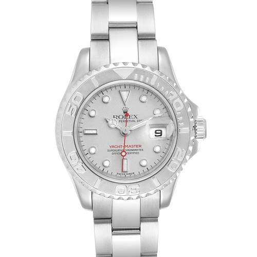 The Rolex Yacht-Master 169622 Women's Stainless Steel Silver Dial 169622 Women's Stainless Steel Silver Dial watch is shown from a front angle, displaying its face, bezel, crown, and part of the bracelet.