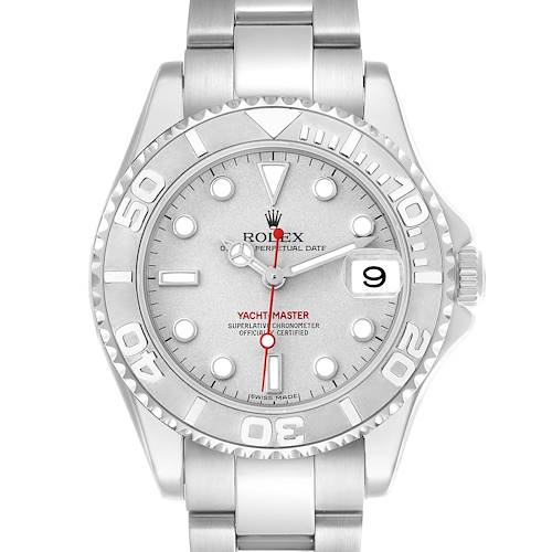 The Rolex Yacht-Master 168622 Men's Stainless Steel Silver Dial watch is shown from a front angle, highlighting the dial, bezel, and part of the bracelet.