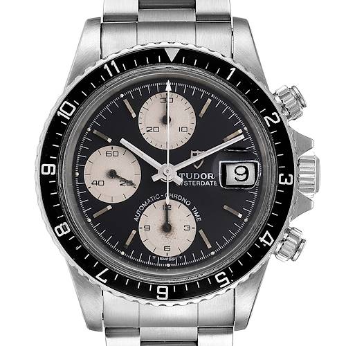 The image shows a frontal view of the Tudor Big Block 79170 Men's Stainless Steel Black Dial 79170 Men's Stainless Steel Black Dial watch, highlighting its dial, bezel, crown, and bracelet.