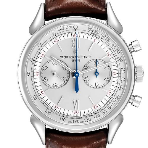 The Vacheron Constantin Historiques X50A2879 Men's Stainless Steel Silver Dial watch is shown from a front angle, displaying the dial, subdials, hands, and a leather strap.