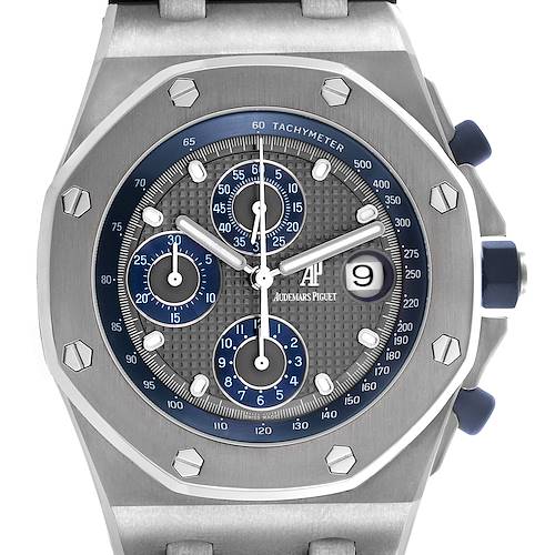 The image shows a front view of an Audemars Piguet Royal Oak Offshore 25721TI.OO.10000TI.301 Men's Titanium Grey Dial watch, highlighting the dial, bezel, and pushers.