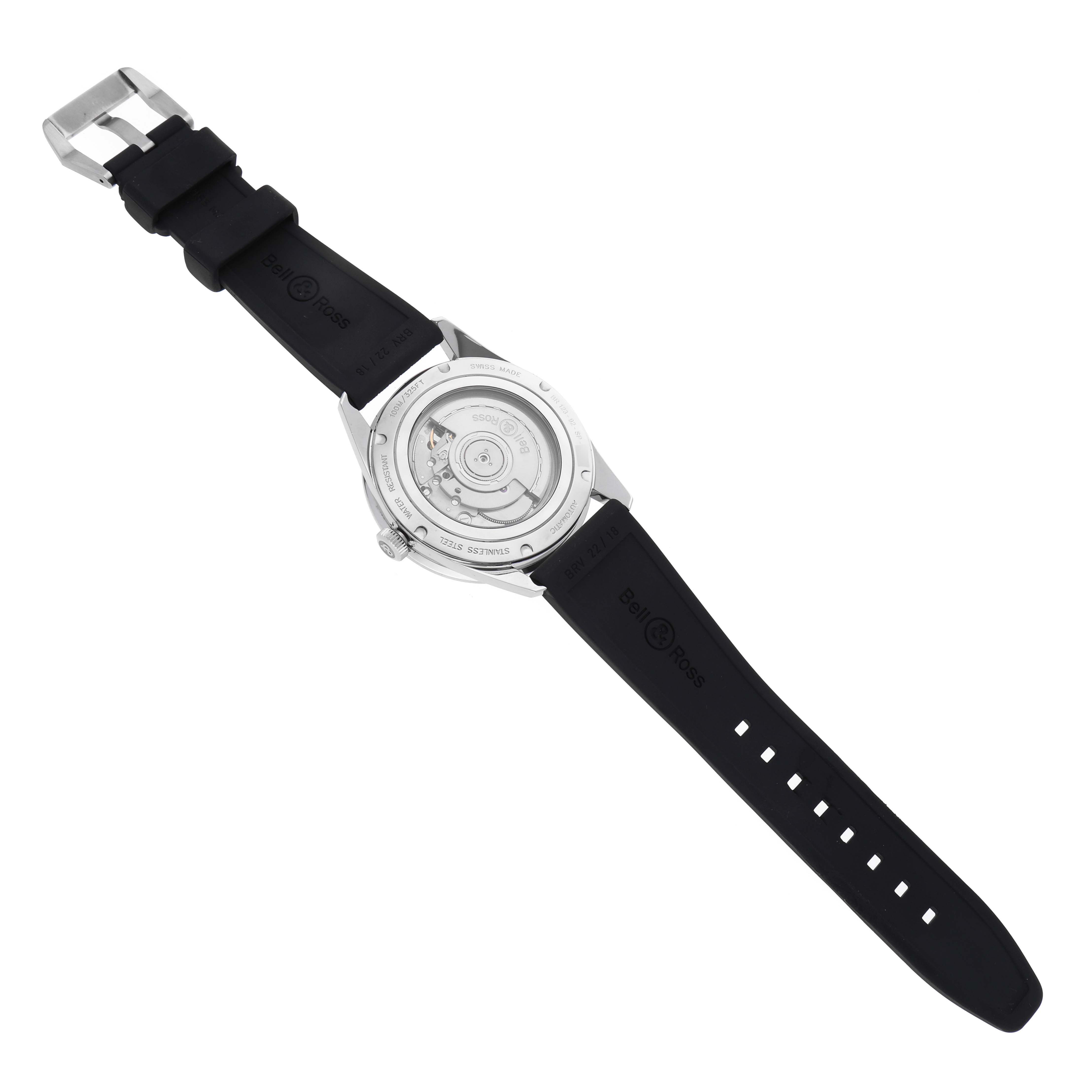 The image shows the back view of the Bell & Ross Heritage BR 123-92-SP Men's Stainless Steel Black Dial BR 123-92-SP Men's Stainless Steel Black Dial model watch, highlighting its transparent case back and black strap.