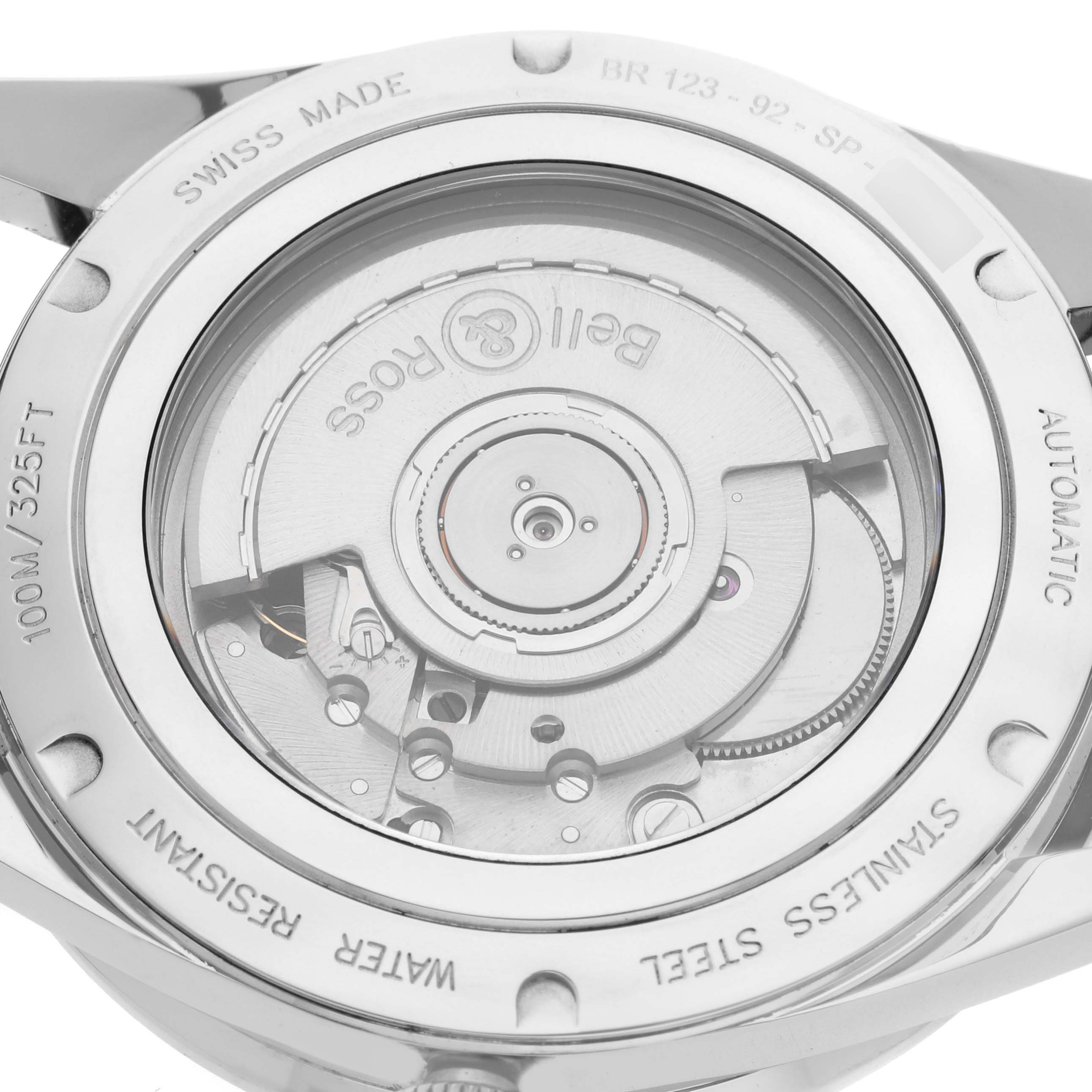 The image shows the back case of the Bell & Ross Heritage BR 123-92-SP Men's Stainless Steel Black Dial BR 123-92-SP Men's Stainless Steel Black Dial BR 123 watch, highlighting its automatic movement.