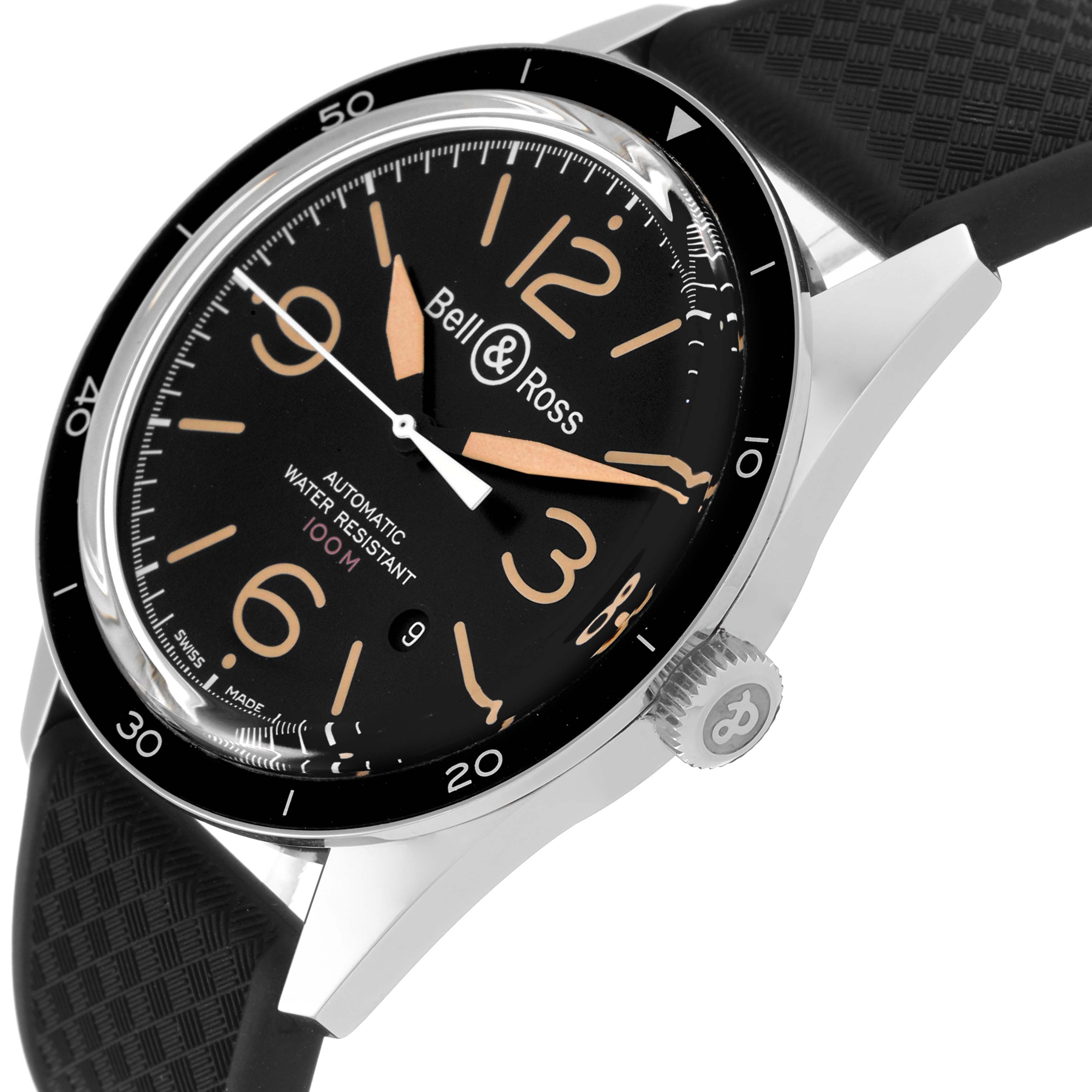 The image shows a side and angled view of the Bell & Ross Heritage BR 123-92-SP Men's Stainless Steel Black Dial BR 123-92-SP Men's Stainless Steel Black Dial model, revealing its dial, bezel, and crown.