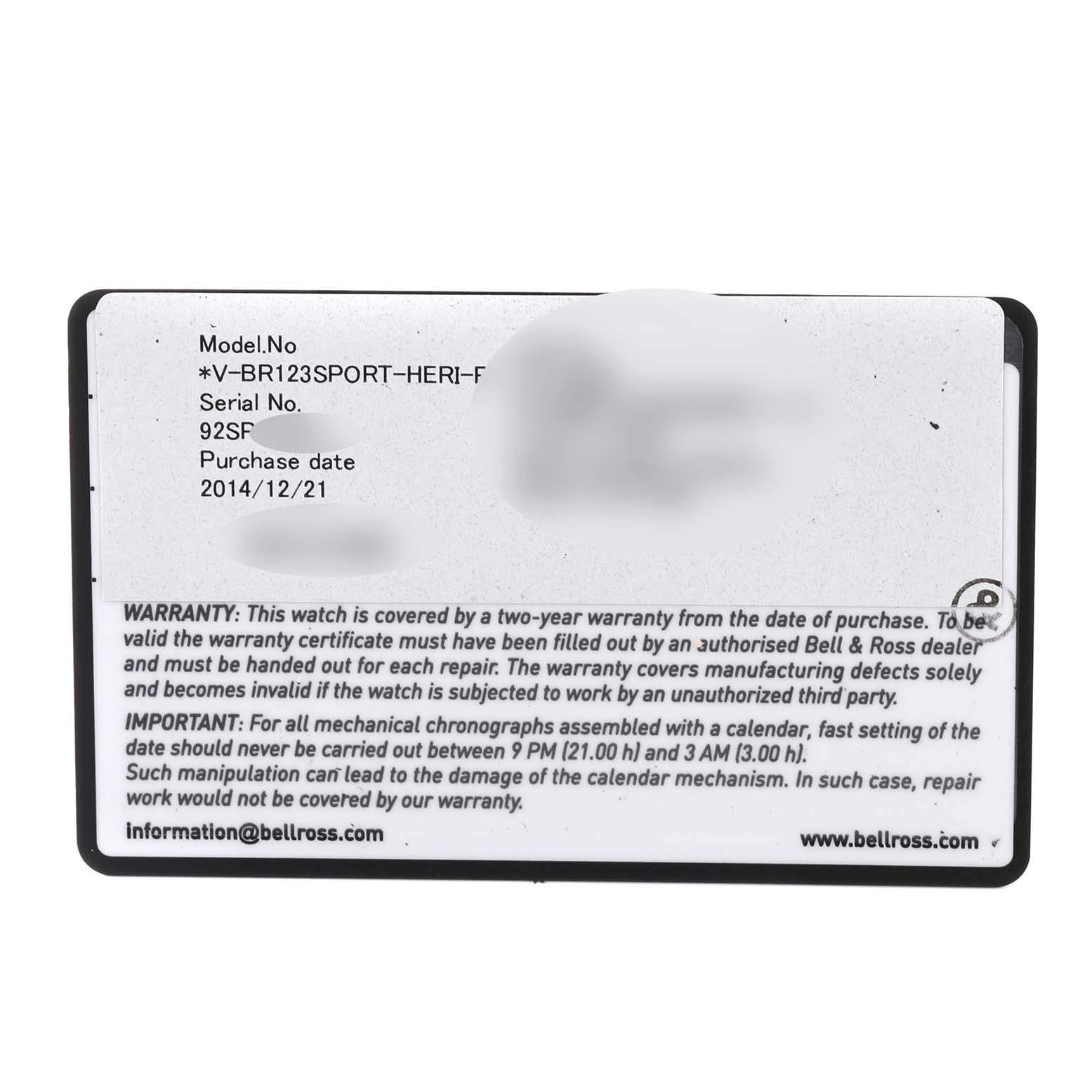 The image shows the warranty card for the Bell & Ross Heritage BR 123-92-SP Men's Stainless Steel Black Dial BR 123-92-SP Men's Stainless Steel Black Dial model BR123SPORT.