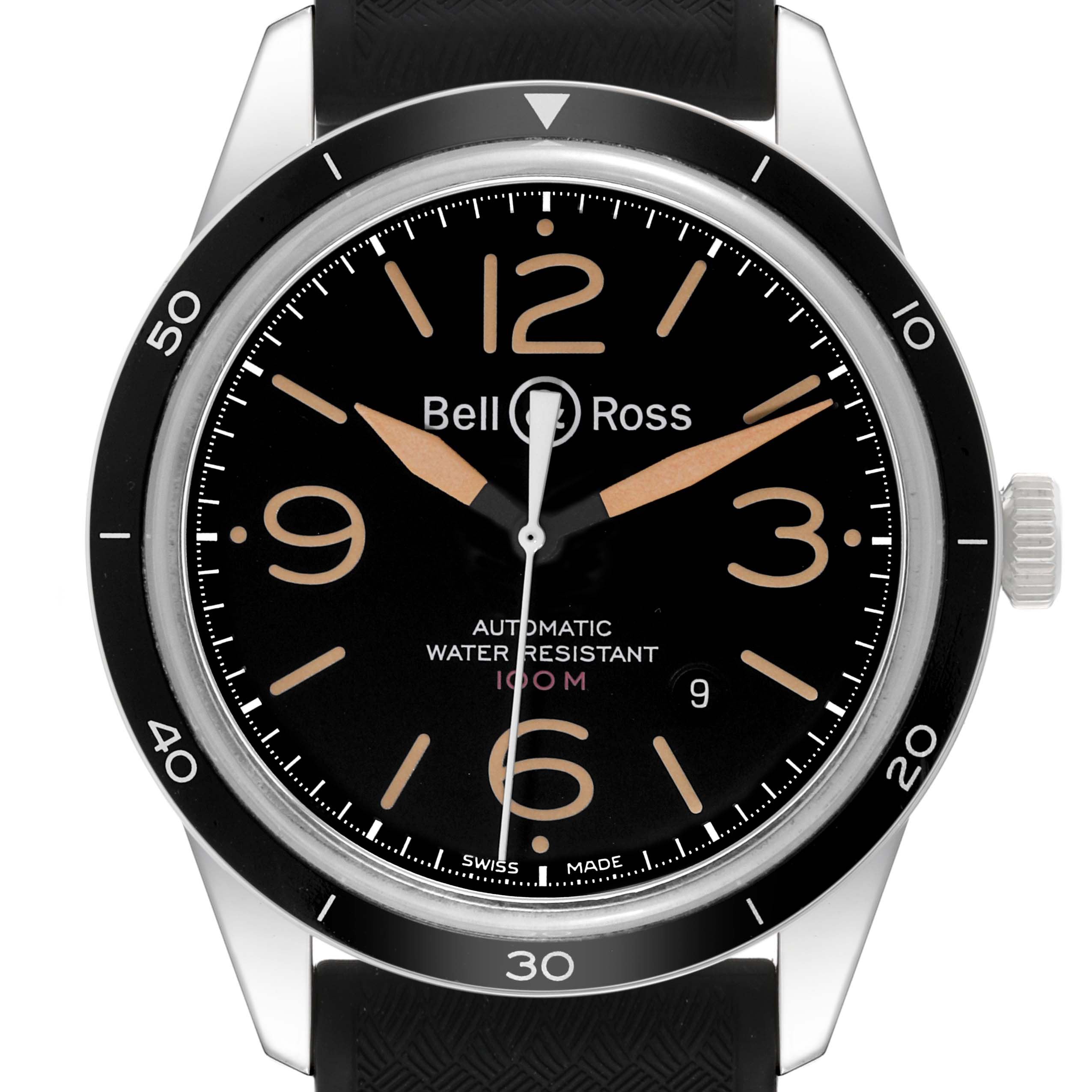 The image shows a front view of the Bell & Ross Heritage BR 123-92-SP Men's Stainless Steel Black Dial BR 123-92-SP Men's Stainless Steel Black Dial model watch, highlighting its dial, bezel, and crown.