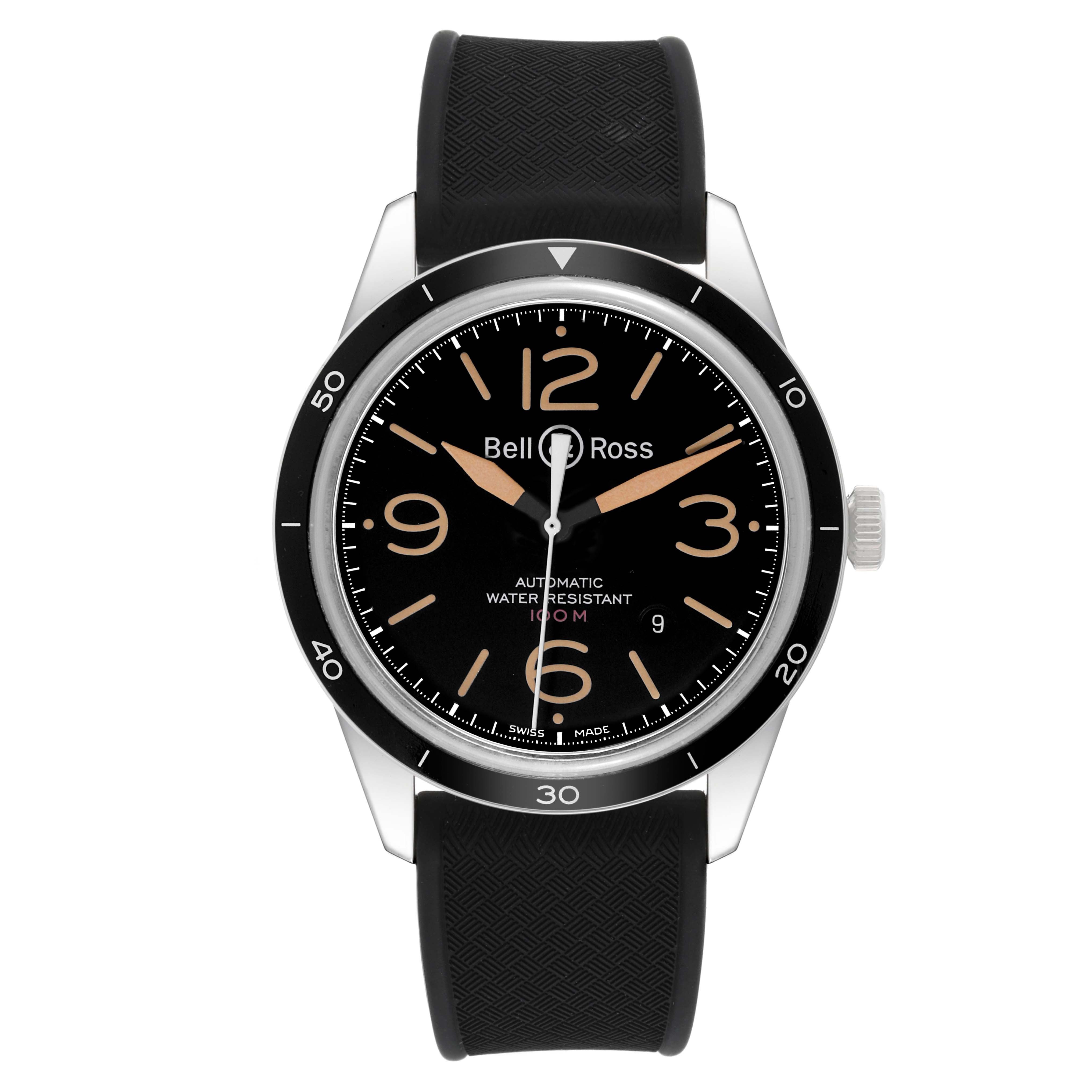 The image shows a front view of the Bell & Ross Heritage BR 123-92-SP Men's Stainless Steel Black Dial BR 123-92-SP Men's Stainless Steel Black Dial model watch, highlighting the bezel, dial, hands, and strap.