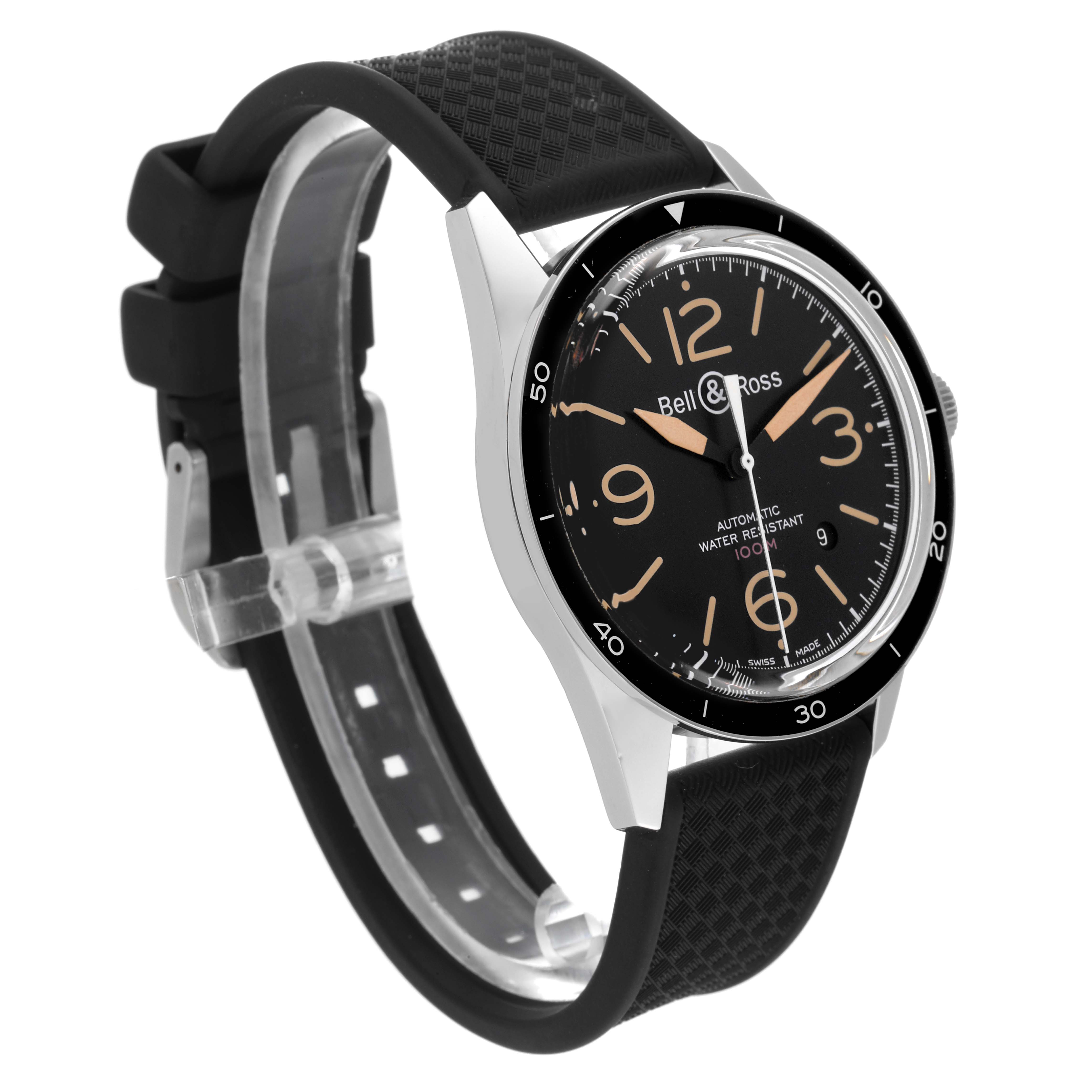 The Bell & Ross Heritage BR 123-92-SP Men's Stainless Steel Black Dial BR 123-92-SP Men's Stainless Steel Black Dial model watch is shown at a three-quarter angle, displaying the face, bezel, case, and rubber strap.