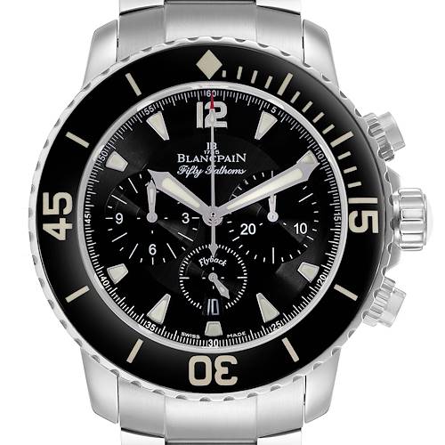 The Blancpain Fifty Fathoms 5085F-1130-J313 Men's Stainless Steel Black Dial watch is shown from a frontal angle, highlighting its dial, bezel, and bracelet.
