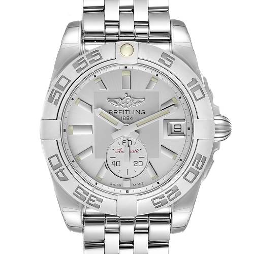 The image shows a front view of the Breitling A37330 Women's Stainless Steel Silver Dial A37330 Women's Stainless Steel Silver Dial Galactic 36 Silver Dial Steel Ladies Watch A37330 Unworn model.