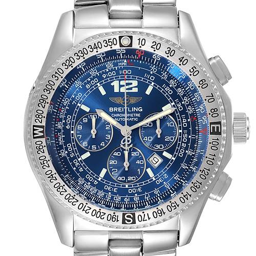 The image shows a front view of a Breitling Professional Series A42362 Men's Stainless Steel Blue Dial A42362 Men's Stainless Steel Blue Dial watch featuring its blue dial, chronometer functions, and stainless steel band.