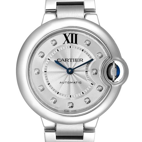The image shows a close-up view of the Cartier Ballon Bleu WE902074 Women's Stainless Steel Silver Dial WE902074 Women's Stainless Steel Silver Dial watch face and part of its metal bracelet.
