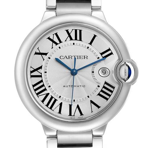 The Cartier Ballon Bleu W69012Z4 Men's Stainless Steel Silver Dial watch is shown from the front, highlighting its face, Roman numerals, and crown with a blue cabochon.