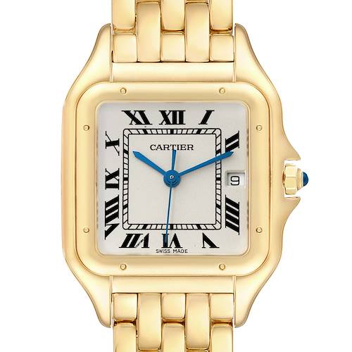 This image shows a front view of the Cartier Panthere W25014B9 Men's Yellow Gold Silver Dial W25014B9 Men's Yellow Gold Silver Dial watch, highlighting its gold case, bracelet, Roman numeral dial, and blue hands.